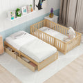 Twin Size Wood Daybed With Fence Guardrails And 2 Drawers, Split Into Independent Floor Bed & Daybed, Natural Old Sku :Lp000881Aan Twin Natural Solid Wood Mdf