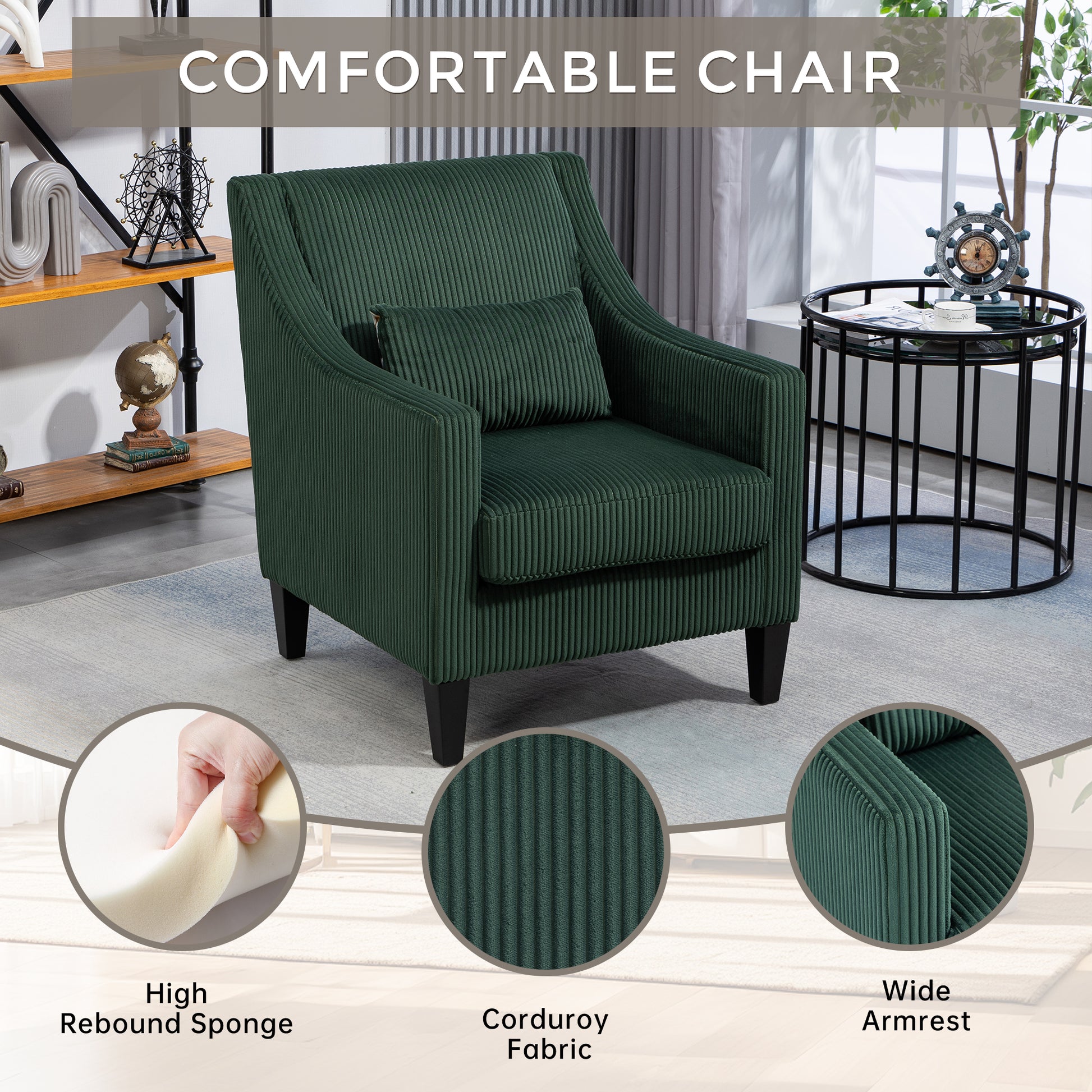 Coolmore Modern Accent Chair,Upholstered Armchair With Scooped Arms For Bedroom,Apartment,Studio,Office,Waiting Room Emerald Corduroy Emerald Primary Living Space Foam Corduroy