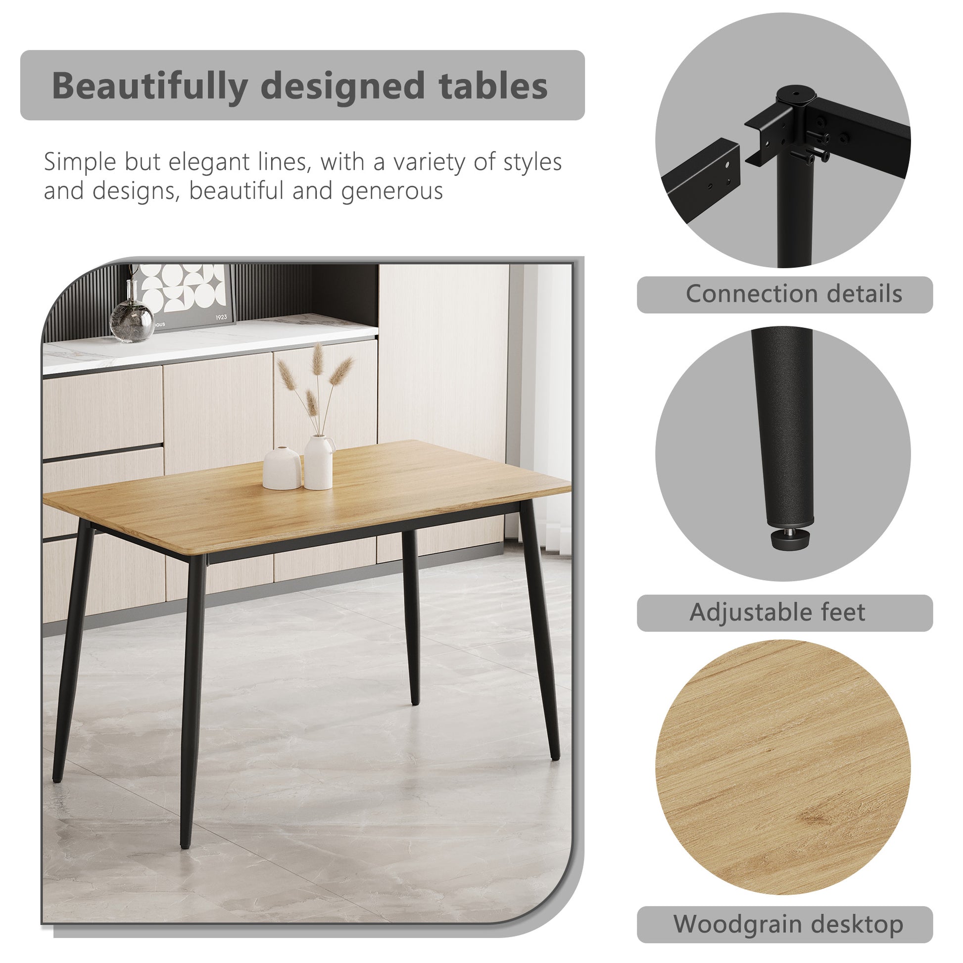 Modern Minimalist Wood Grain Tabletop Dining Table, Stylish Dining Table, Kitchen Dining Table, Sturdy And Durable, Easy To Assemble, Black Metal Leg Design, Suitable For 4 6 People, Suitable For