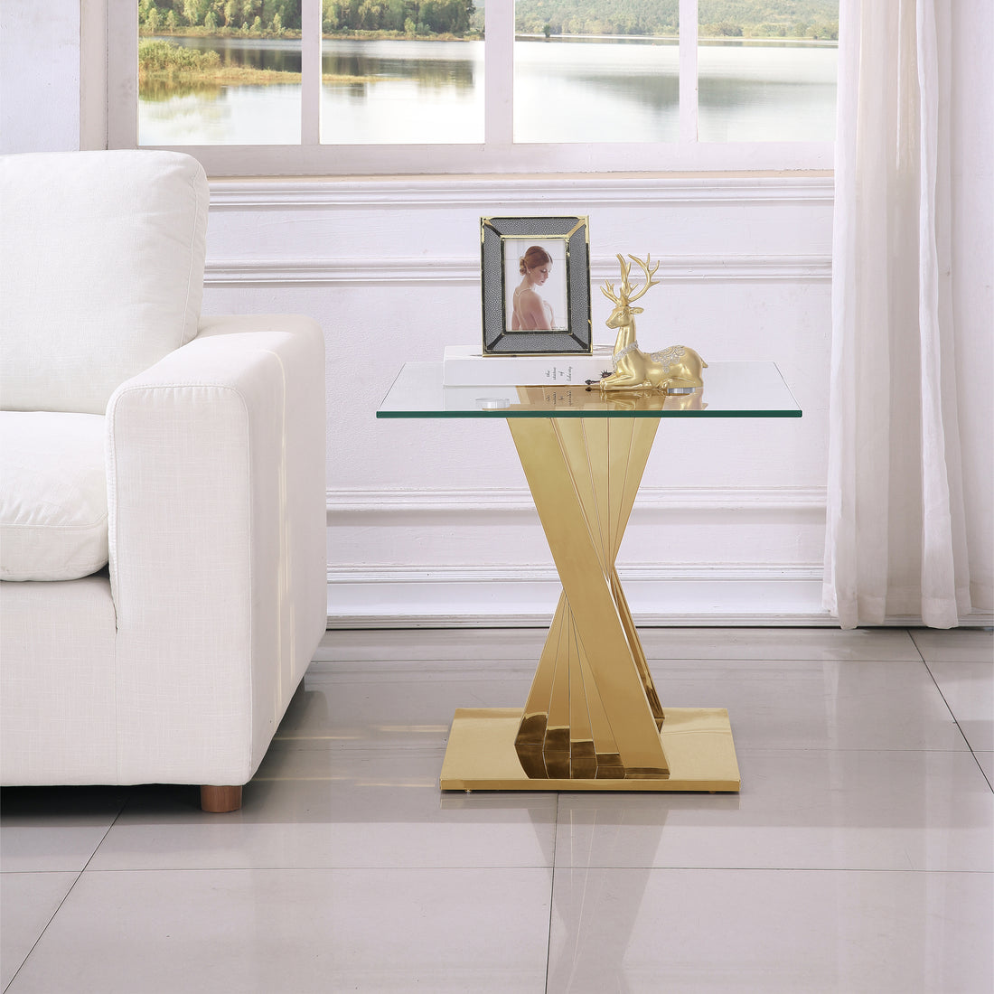 Tempered Glass Top End Table With Gold Mirror Finish Stainless Steel Base Gold Tempered Glass