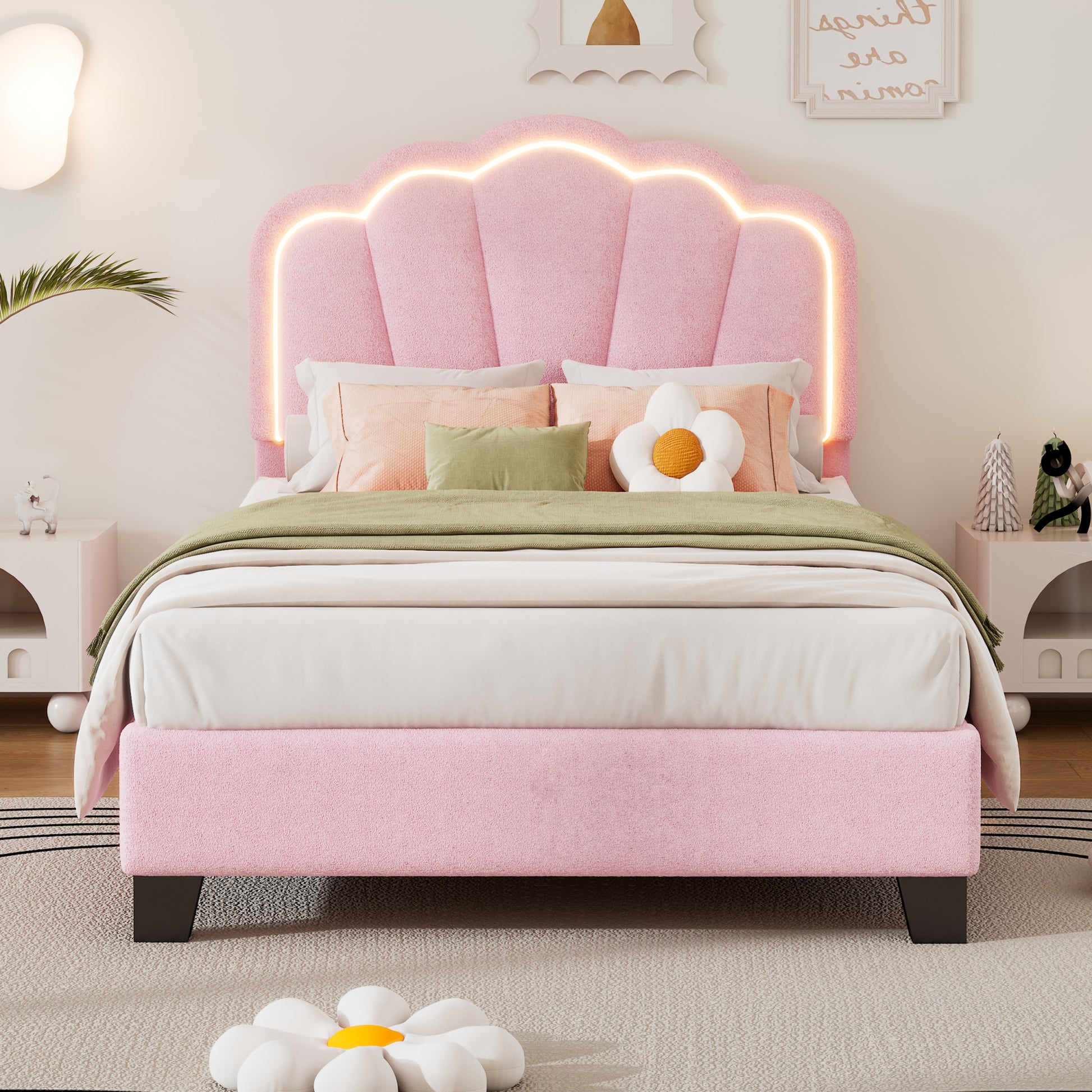 Twin Size Upholstered Flower Shape Bed, Elegant Flowers Headboard With Led Light Strip ,Sherpa Fabric Platform Bed With Wooden Slats Support, Pink Twin Pink Wood