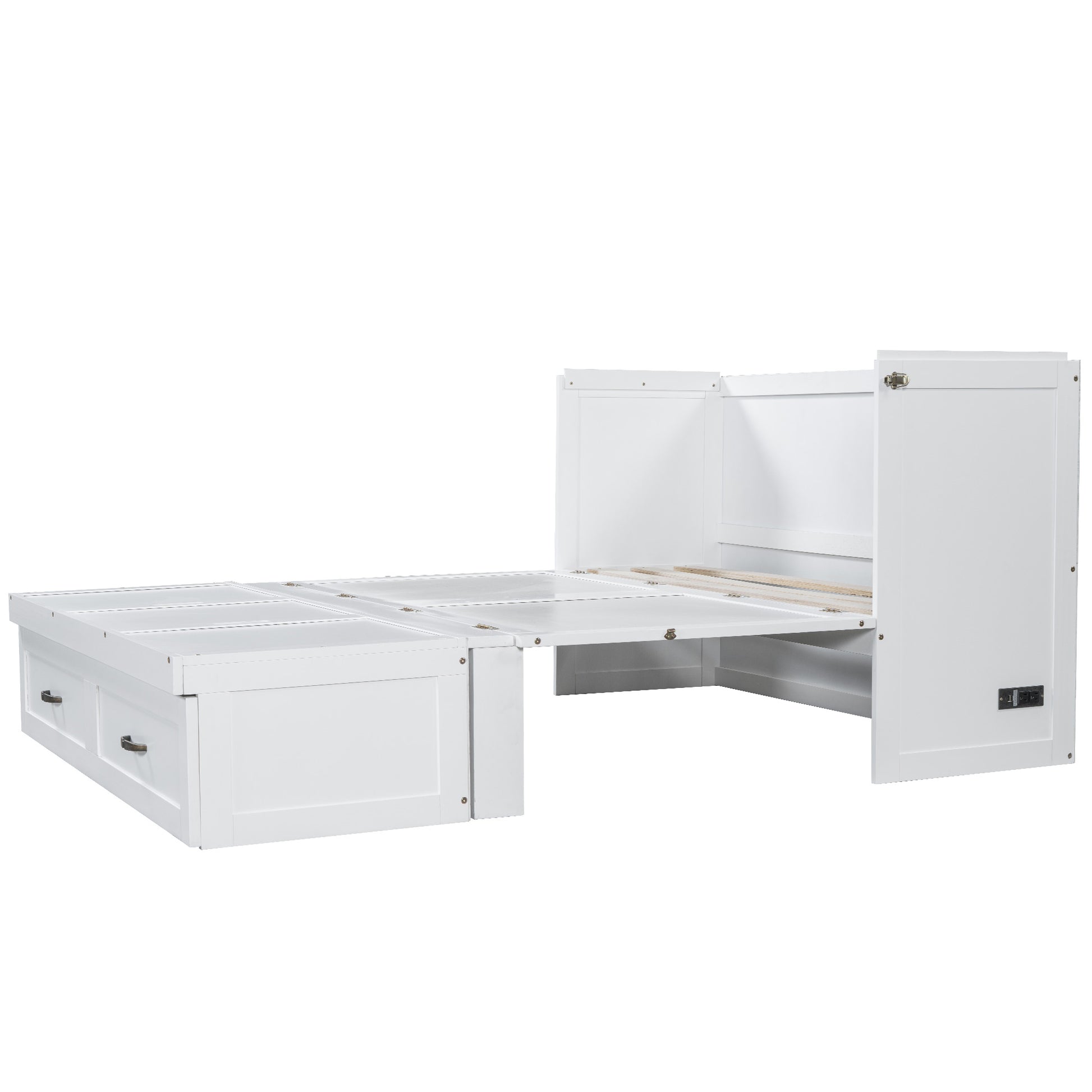 Queen Size Murphy Bed With Usb Ports, Large Drawers And Metal Handles, White Queen White Solid Wood Mdf