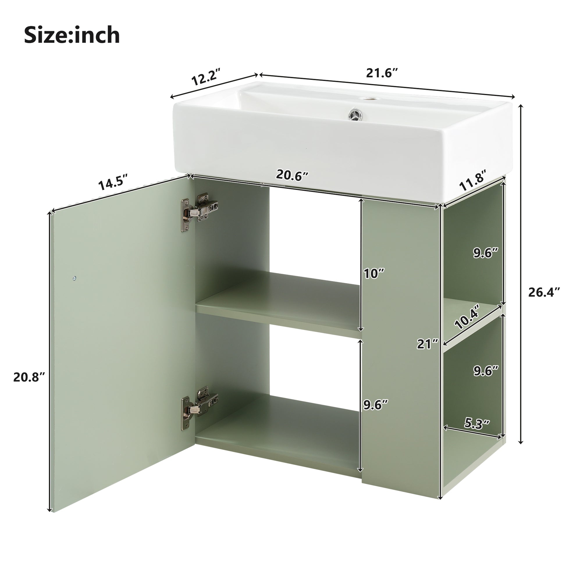 Video 21.6 Inch Modern Floating Bathroom Vanity With Ceramic Basin Perfect For Small Bathrooms, Right Side Storage Green Bathroom Ceramic Mdf