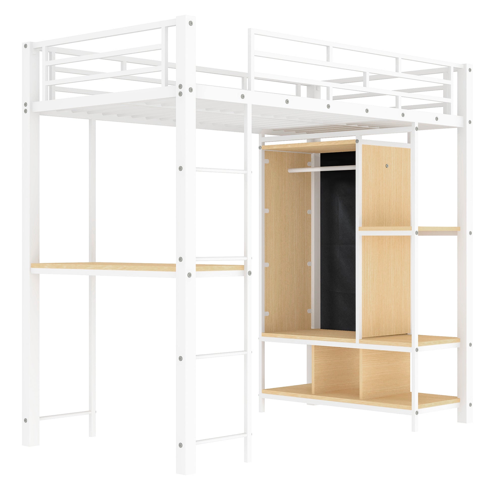 Twin Size Metal Loft Bed With Built In Wardrobe, Desk And Shelves, Black Expected Arrival Time: 9.3 Box Spring Not Required Twin White Metal Mdf Metal