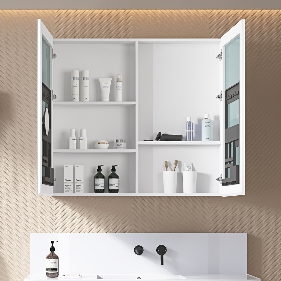 40'' W X 36'' H Bathroom Mirror Medicine Cabinet Wooden Door Medicine Cabinets For Bathroom, Wall Mounted Recessed Or Surface, Bathroom Mirror With Storage White Engineered Wood