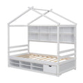 Twin House Bed With Roof Frame, Bedside Shelves, Under Bed Storage Unit,White Twin White American Design Pine