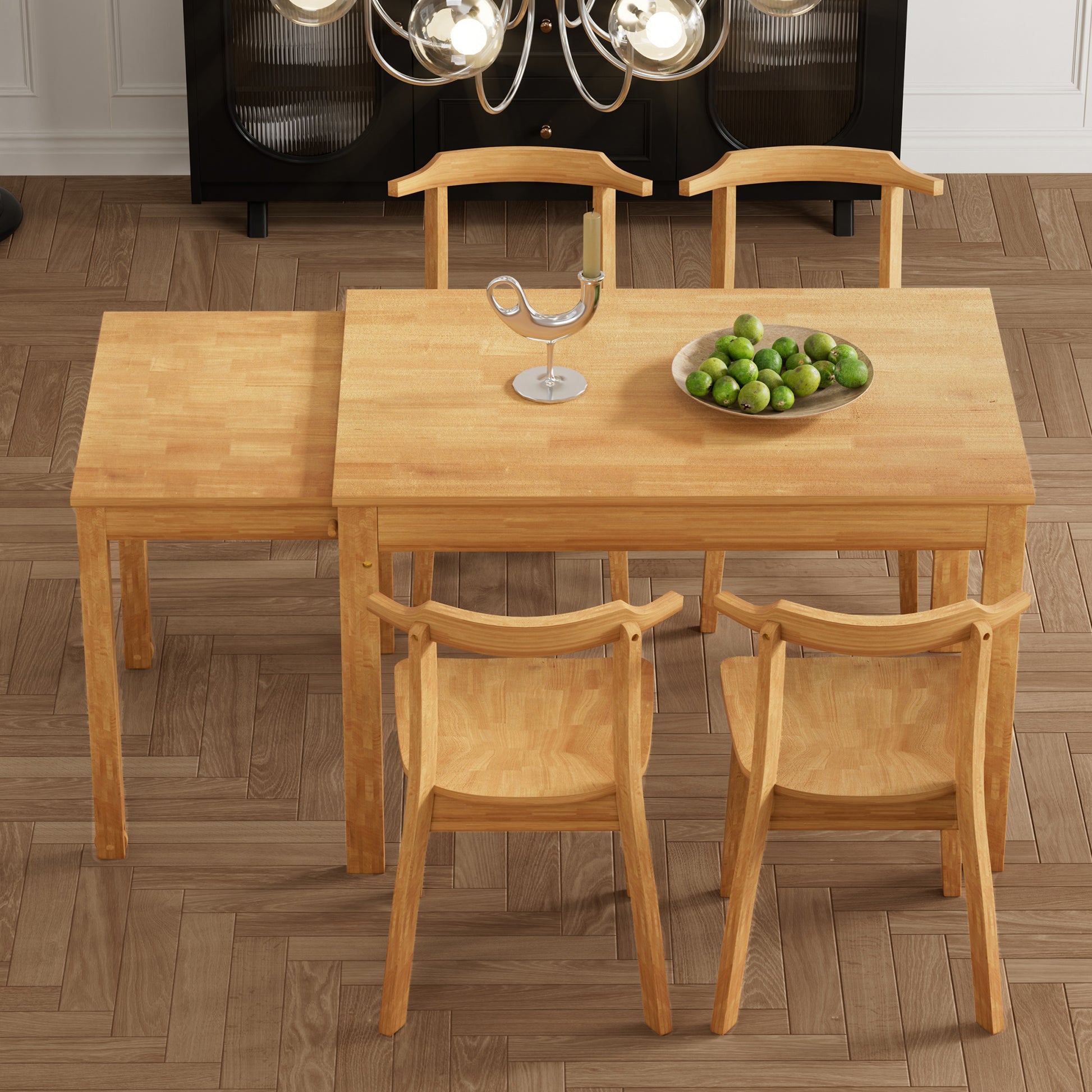 Farmhouse 65" 5 Piece Extendable Dining Table Set With Wheels Kitchen Table Set With 17.7" Pull Out Side Table And Dining Chairs For Small Places, Natural Wood Wood Natural Solid Back Wood Dining Room Solid Wood Rubberwood Rectangular Rectangular Dining
