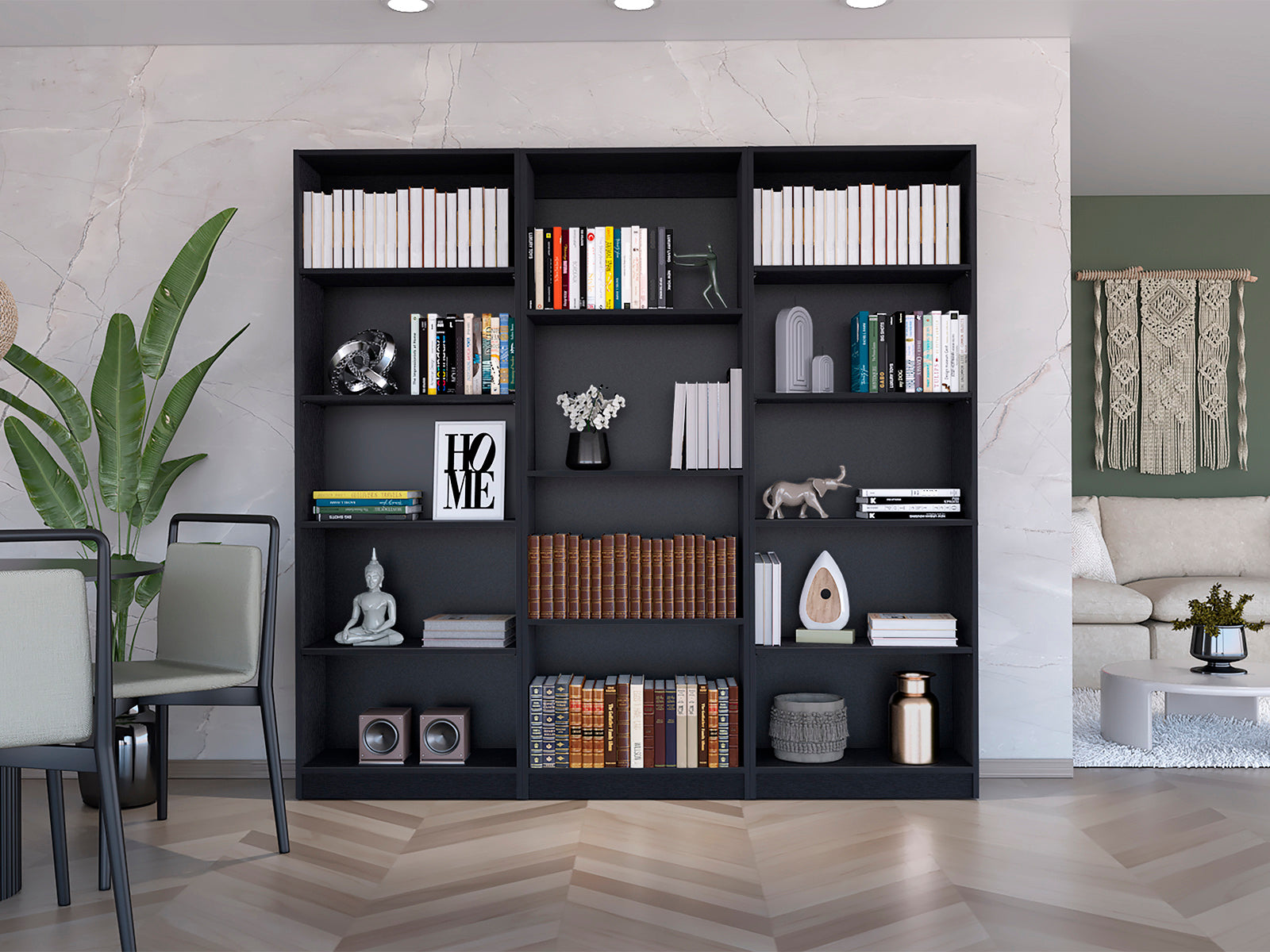 Bartow 3 Piece Home Bookcase Set, 74" Wide With 14 Shelvesliving Room Set Set Black 5 Or More Shelves Black Modern Particle Board