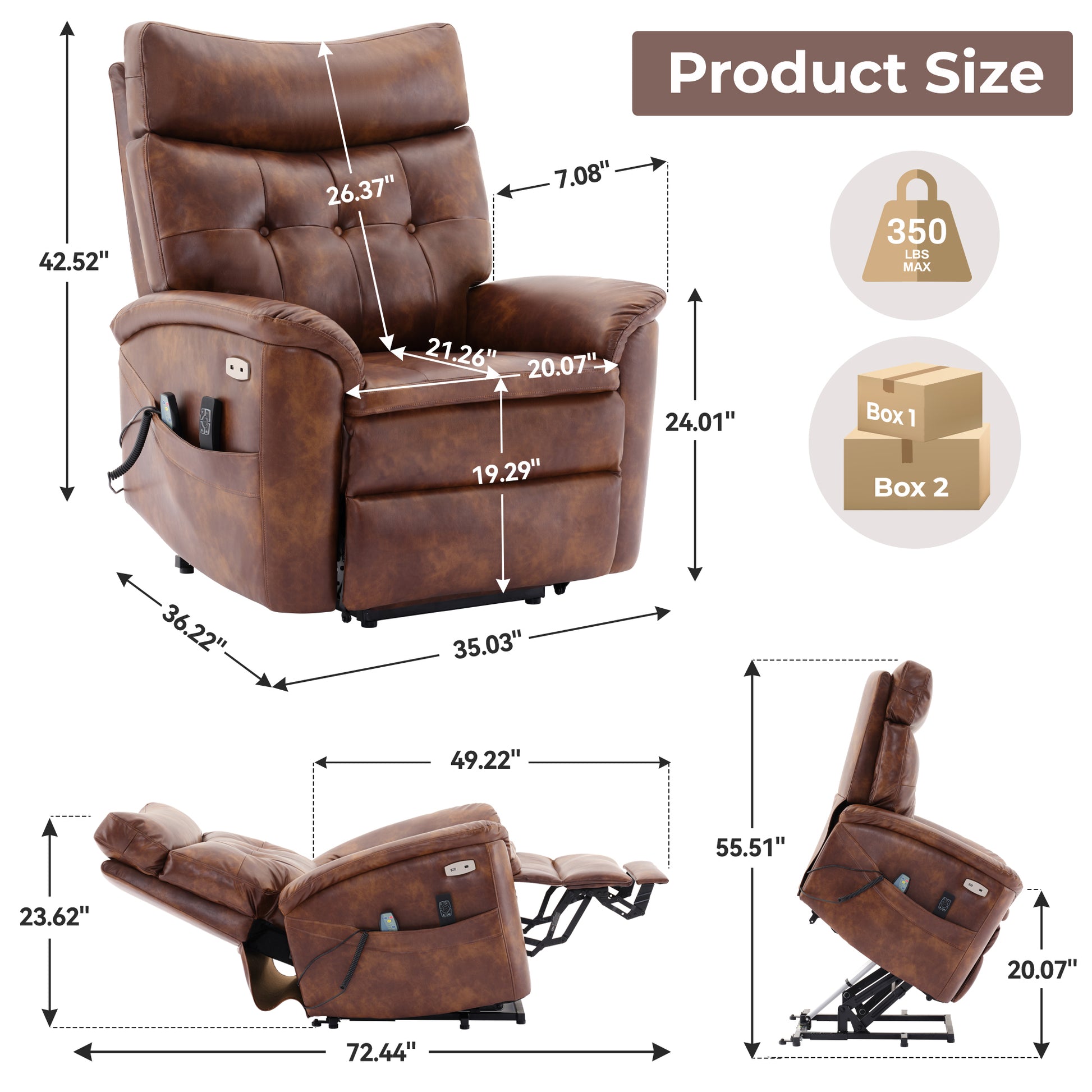 Dual Motor Power Lift Recliner Chair For Elderly, One Touch Reset, Lay Flat Leather Lift Chair With Massage And Heat, Usb & Type C Ports, Electric Recliner Chairs For Seniors, Brown Medium White Wood Primary Living Space Heavy Duty Push Button Acacia