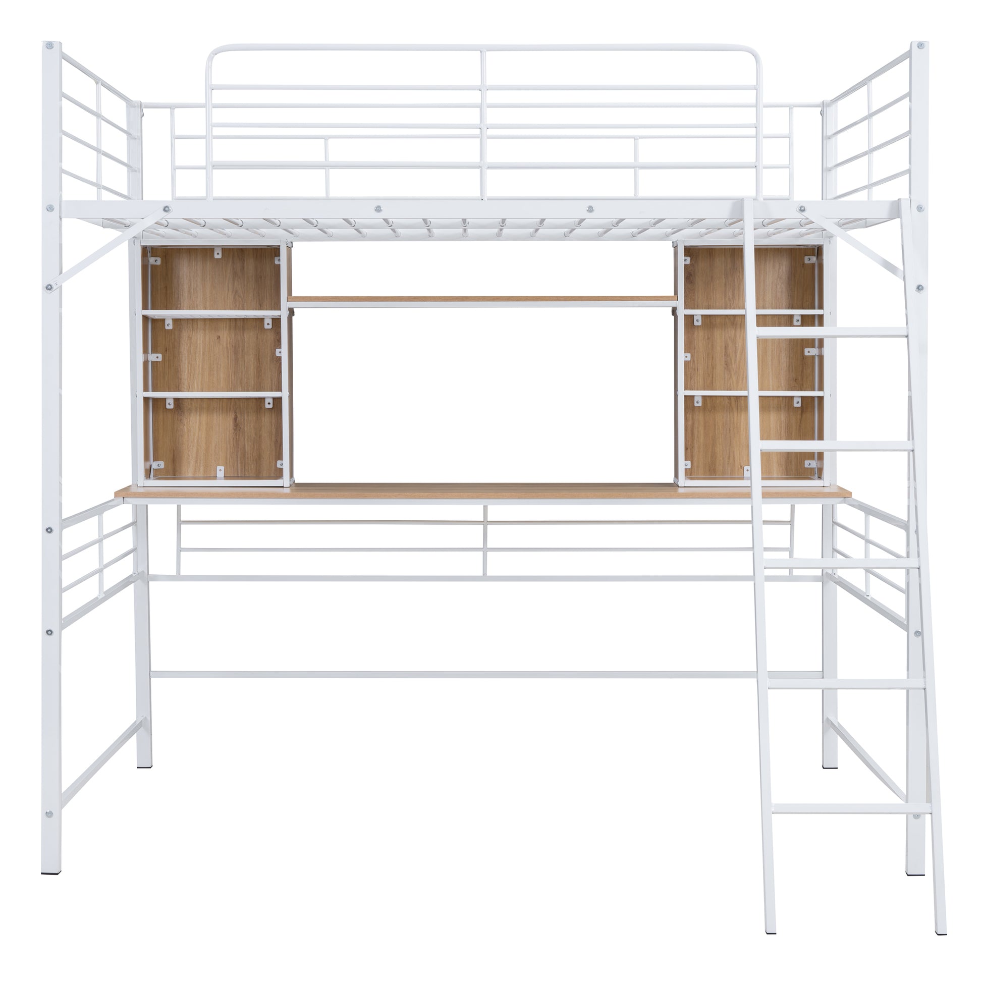 Full Size Loft Bed With Desk And Shelf, Loft Bed With Ladder,Full,White Full White Metal