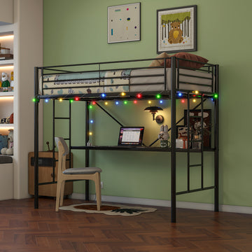 Twin Metal Loft Bed With Desk, Power Outlet And Led Lightedsafety Guard & Ladder, No Box Spring Needed, Black Box Spring Not Required Twin Black Metal Bedroom Modern,Retro,Rustic Bed Frame Mdf Metal