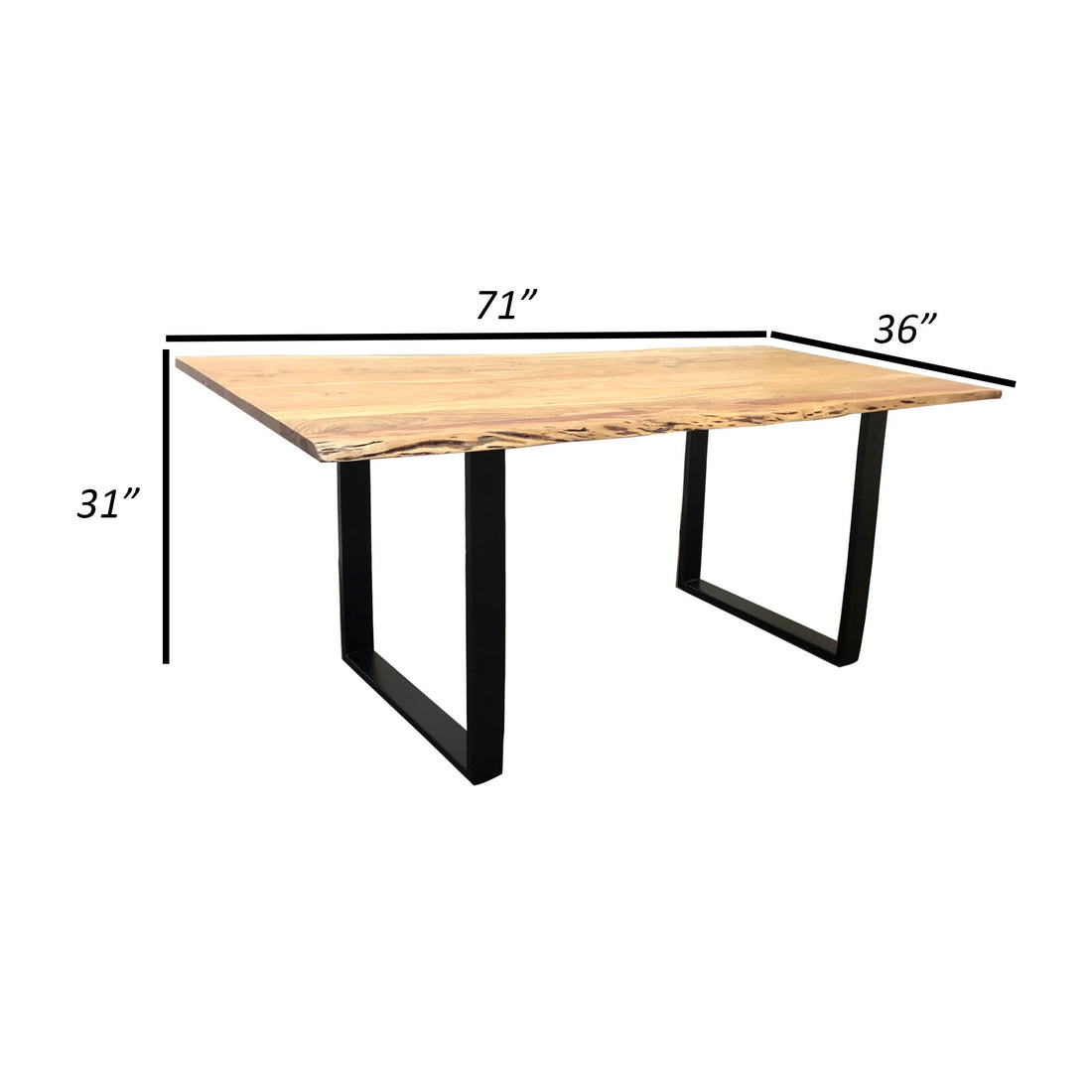 71 Inch Live Edge Dining Table, U Design Black Metal Legs, Natural Brown Black Brown Solid Wood