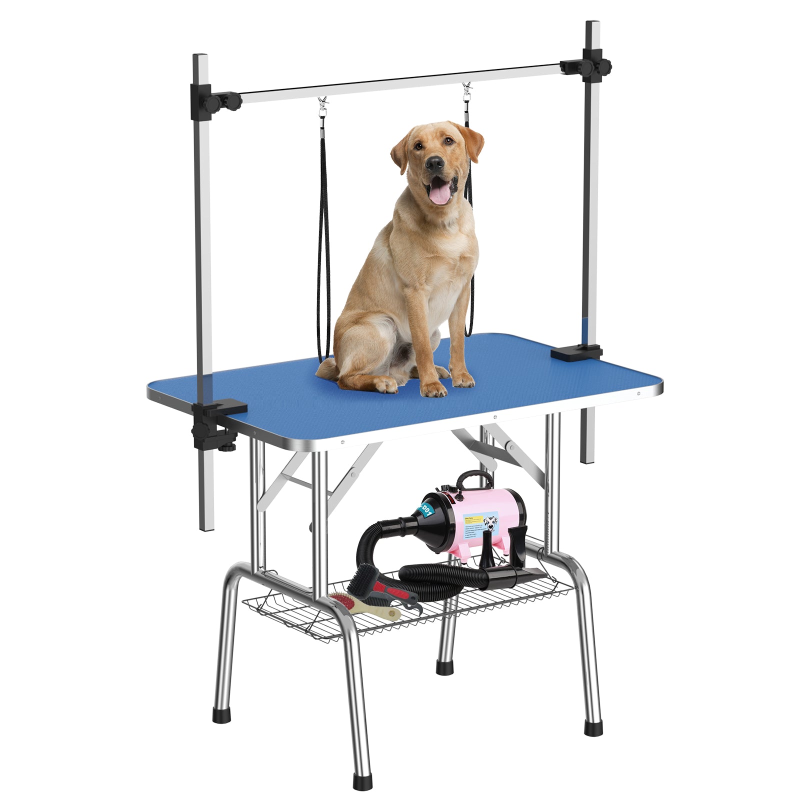 42 Inch Foldable Dog Grooming Table For Home With Adjustable Arm, Noose, Non Slip Surface, And Storage Mesh Tray Blue Mdf Metal