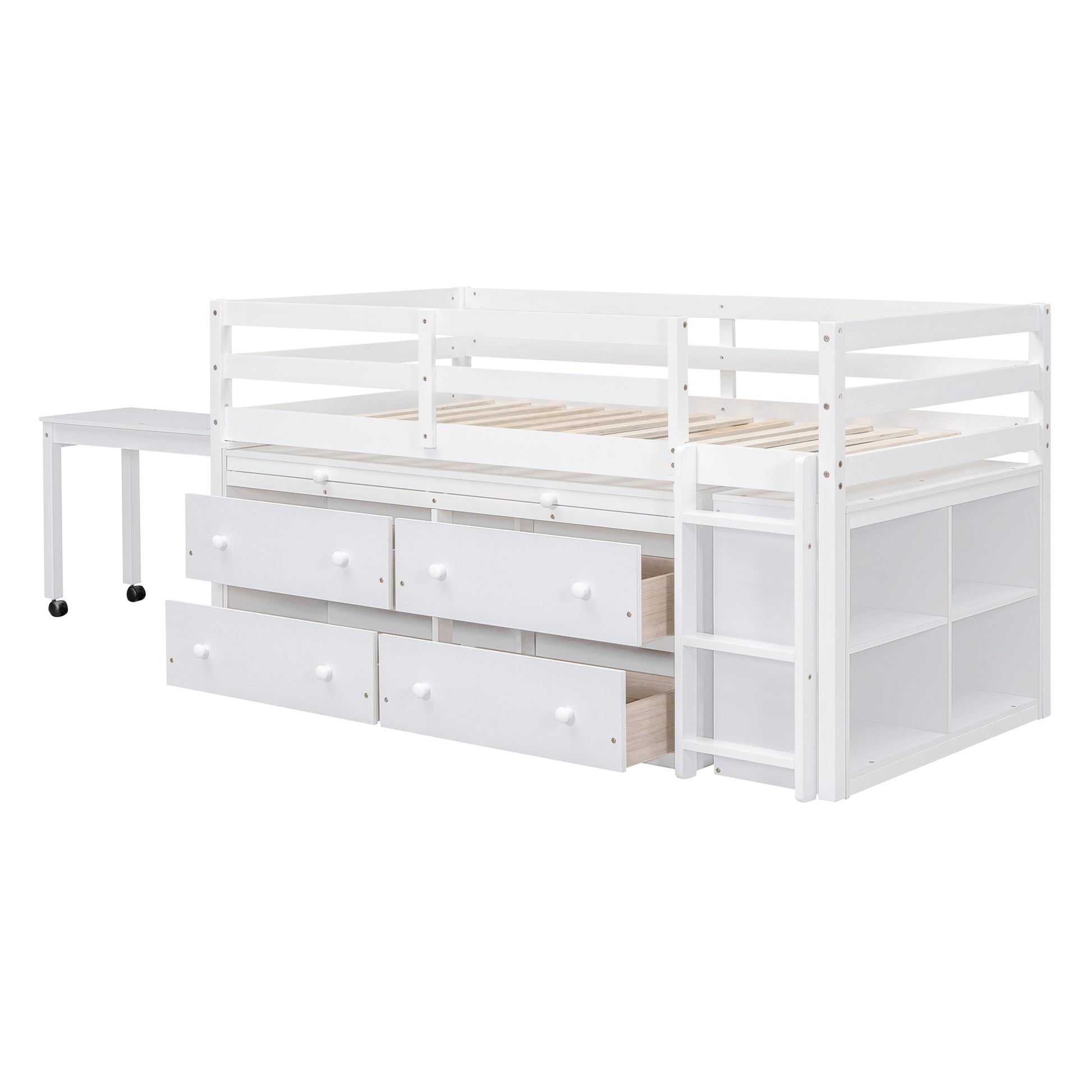 Twin Size Loft Bed With Retractable Writing Desk And 4 Drawers, Wooden Loft Bed With Lateral Portable Desk And Shelves, White White Solid Wood Mdf