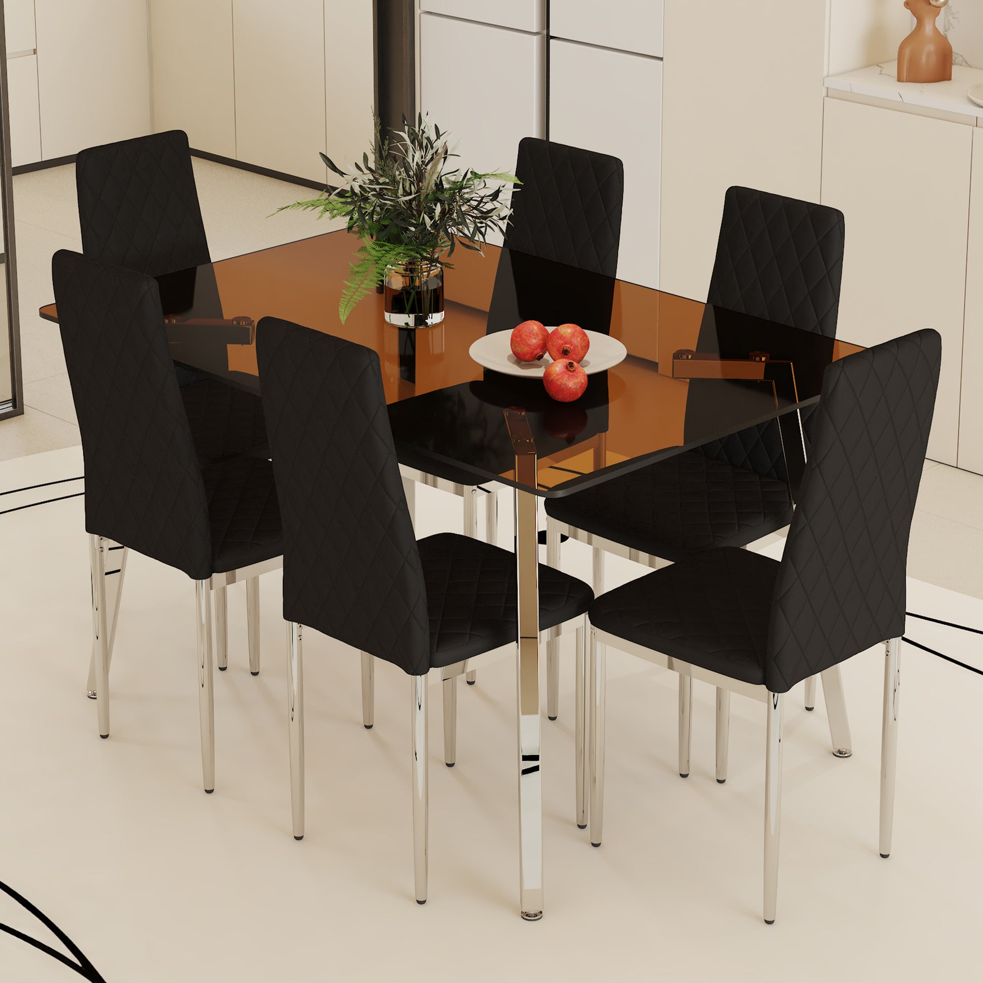 Table And Chair Set.Large Modern Rectangular Table With Brown Glass Top And Silver Metal Legs. Paired With 6 Black Chairs With Checkered Armless High Back Pu Cushion And Silver Metal Legs. Black,Silver Seats 6 Glass Metal