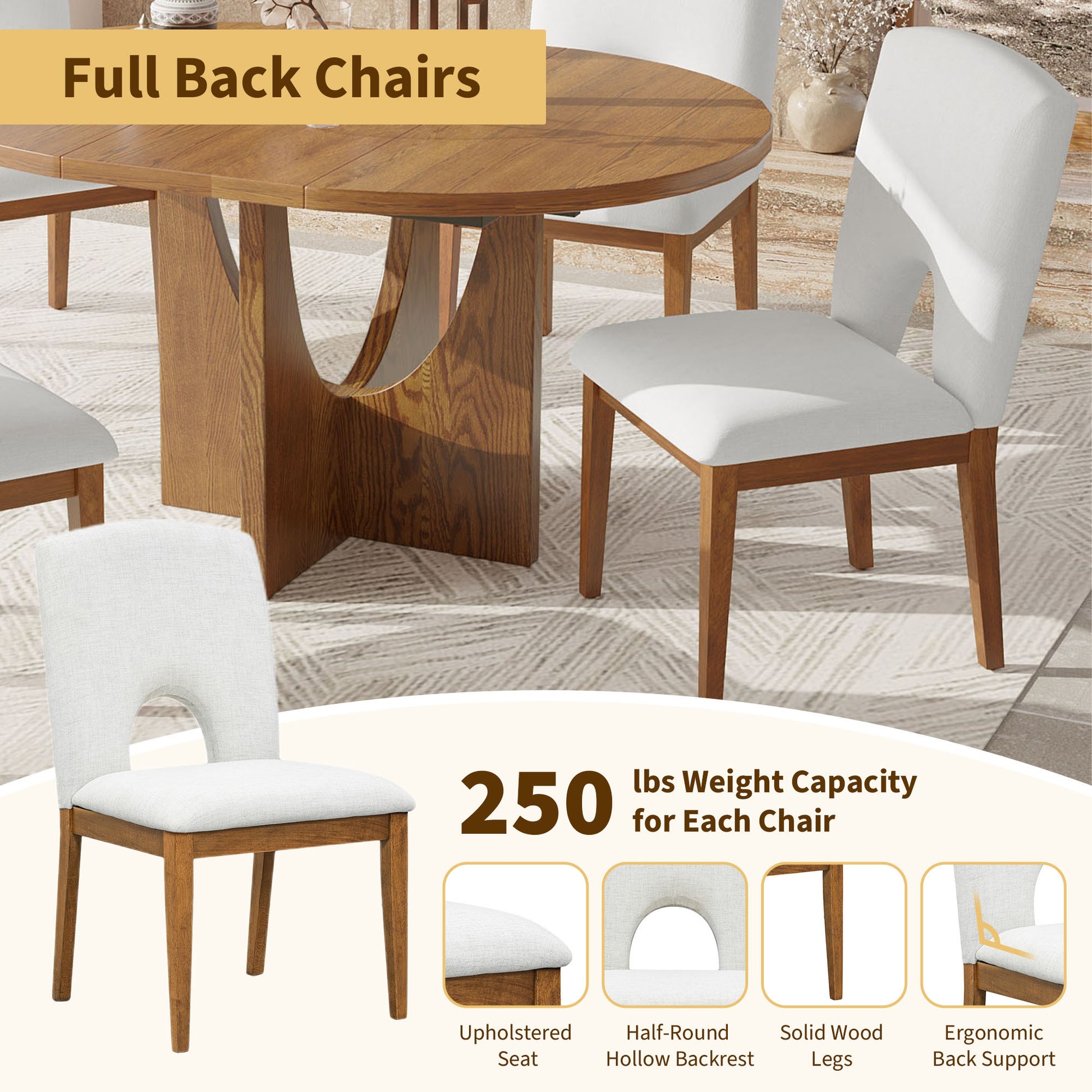 Modern 5 Piece Extendable Round Dining Table Set With 16.2Inch Removable Leaf For Small Places, Walnut Beige Wood Dining Room Solid Wood Rubberwood Round Dining Table With Chair Upholstered Chair Wood Walnut Seats 4 Removable Leaf Contemporary Round