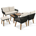 K&K 6 Piece Rope Patio Furniture Set, Outdoor Furniture With Acacia Wood Cool Bar Table With Ice Bucketdeep Seat Patio Conversation Set With Two Stools For Backyard Porch Balcony Black & Beige Yes Complete Patio Set Beige Black Seats 6 Weather Resistant