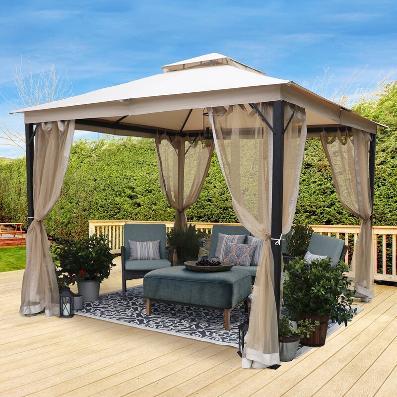 10X10Ft Softtop Metal Gazebo With Mosquito Net&Sunshade Curtains,Sturdy Heavy Duty Double Roof Canopy,Galvanized Steel Design Outdoor Tent,Suitable For Gardens,Patio,Backyard Beige Light Natural Square No Foundation Needed None Garden & Outdoor Art Deco