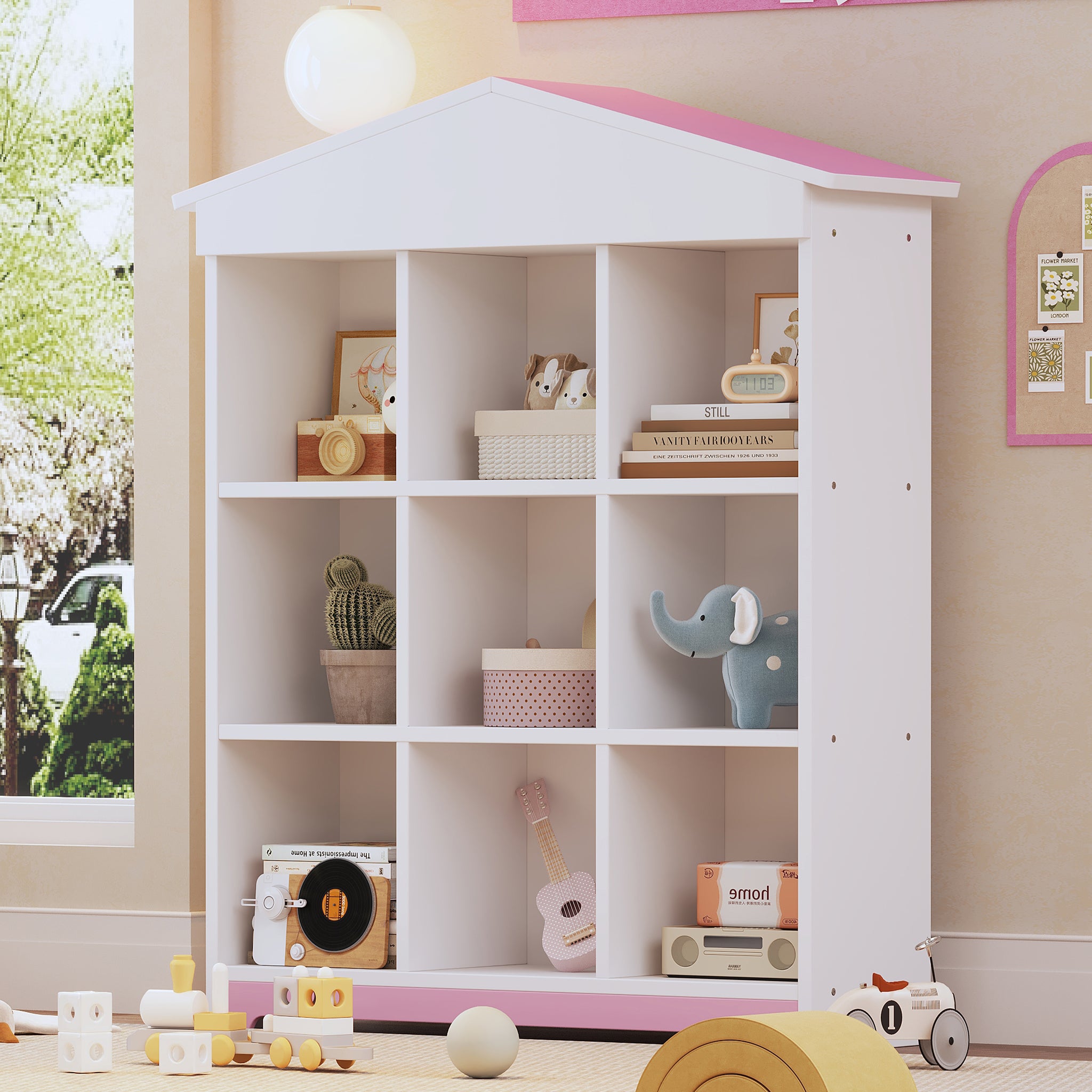 House Shaped Storage Rack With Nine Storage Compartments, Three Layer Storage Shelf With Colorblock Design, White Pink Pink White Particle Board