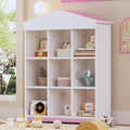 House Shaped Storage Rack With Nine Storage Compartments, Three Layer Storage Shelf With Colorblock Design, White Pink Pink White Particle Board