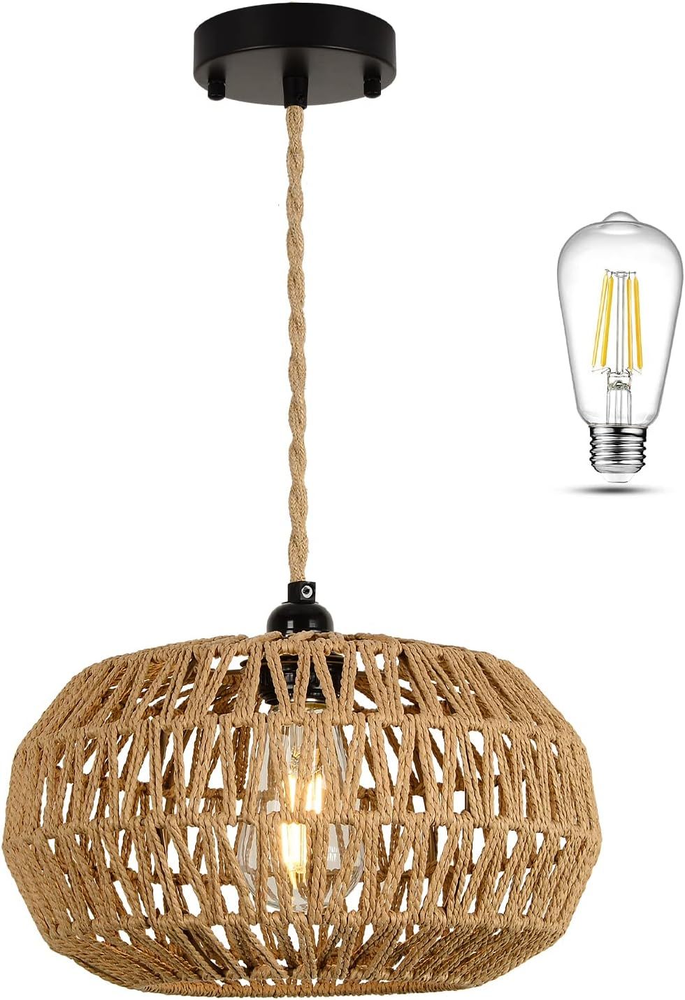 Farmhouse Led Rattan Pendant Lights, Boho Chandelier Light Fixture, Rustic Wicker Hand Woven Rope Cage Basket Pendant Hanging For Dining Room Living Room Kitchen Bedroom Nursery Foyer Hallway Entryway Brown Rattan Metal