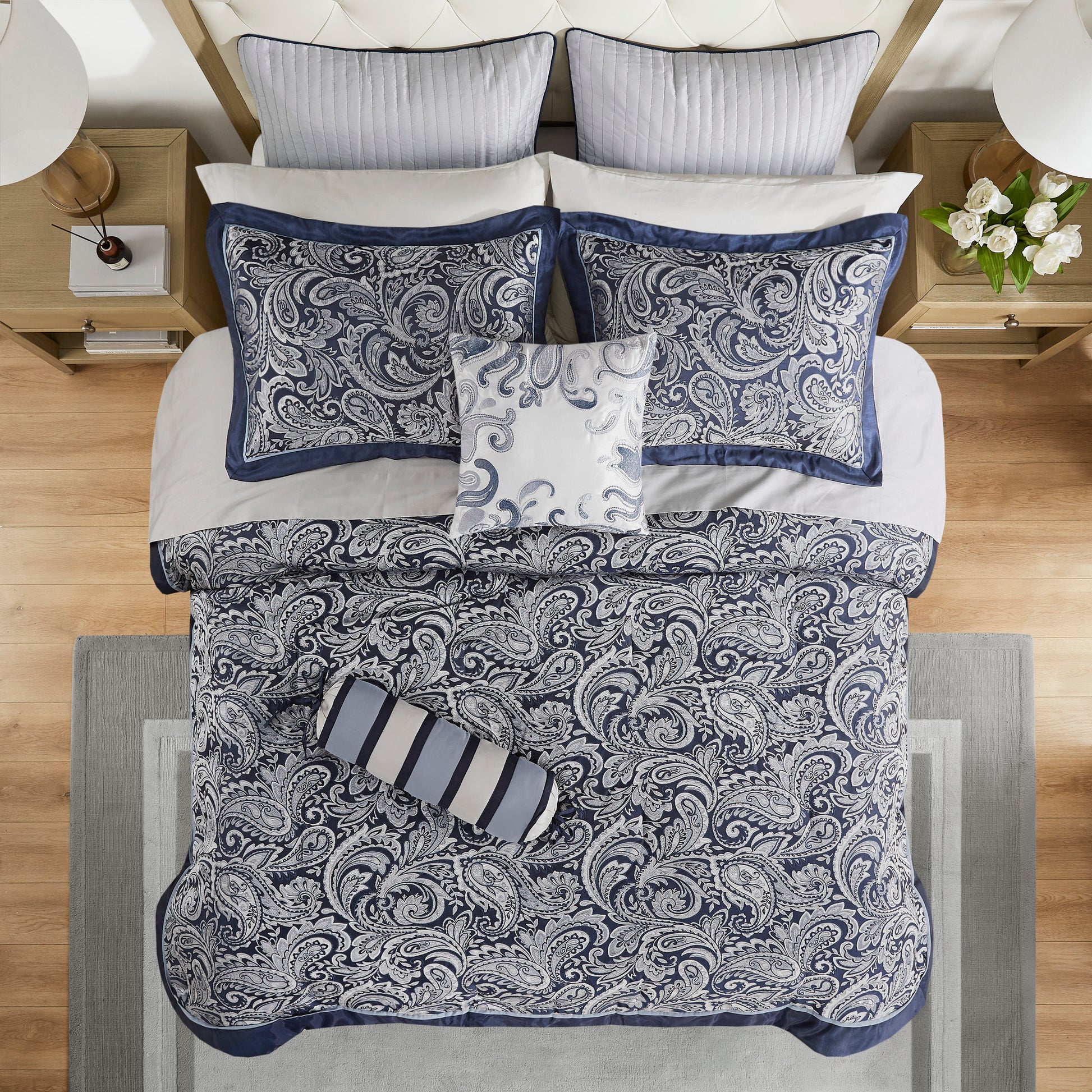 12 Piece Comforter Set With Cotton Bed Sheets Navy Queen Queen Navy Polyester