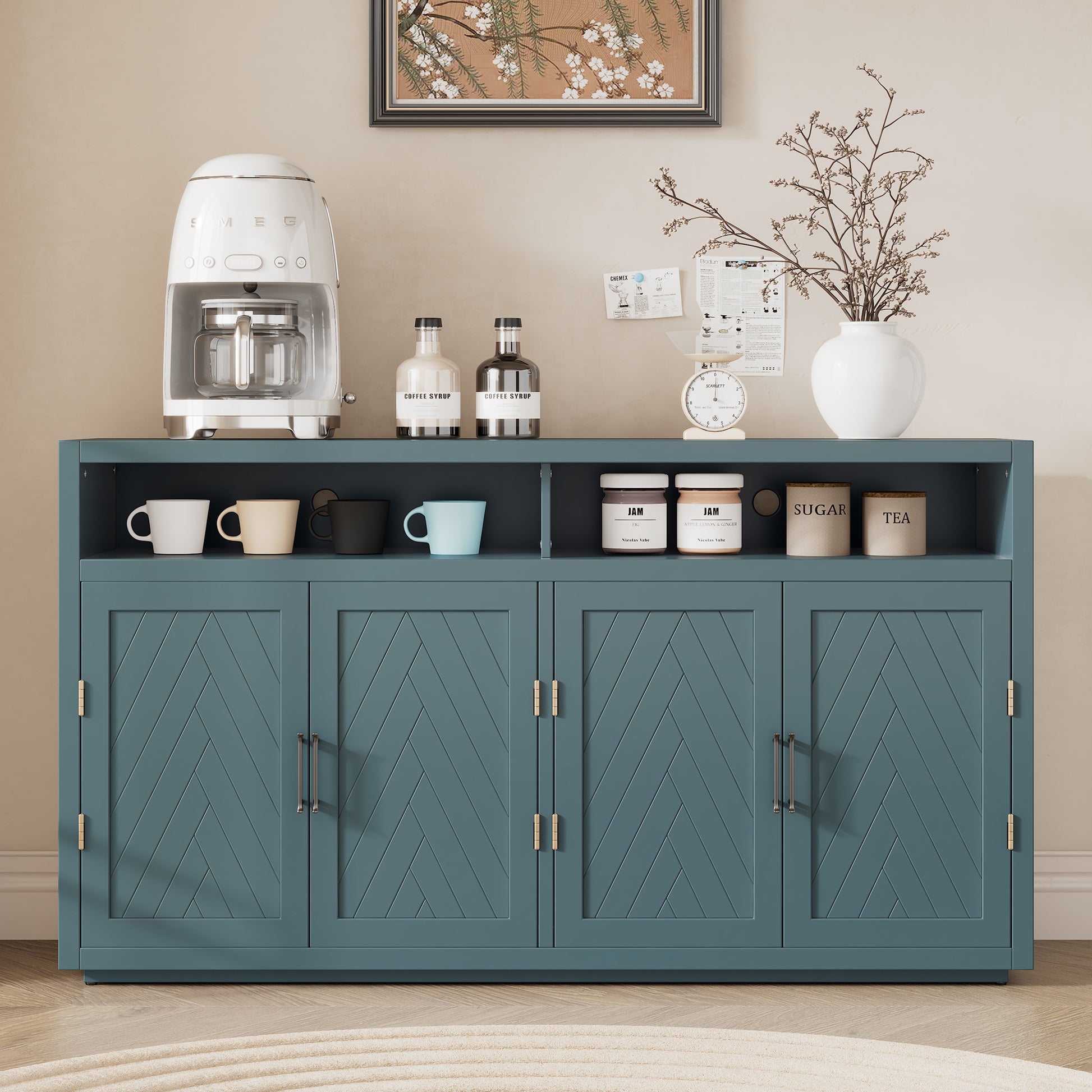 4 Door Classic Sideboard With Open Storage And Adjustable Shelves Perfect For Kitchens, Living Rooms Smoke Blue Smoke Blue Mdf