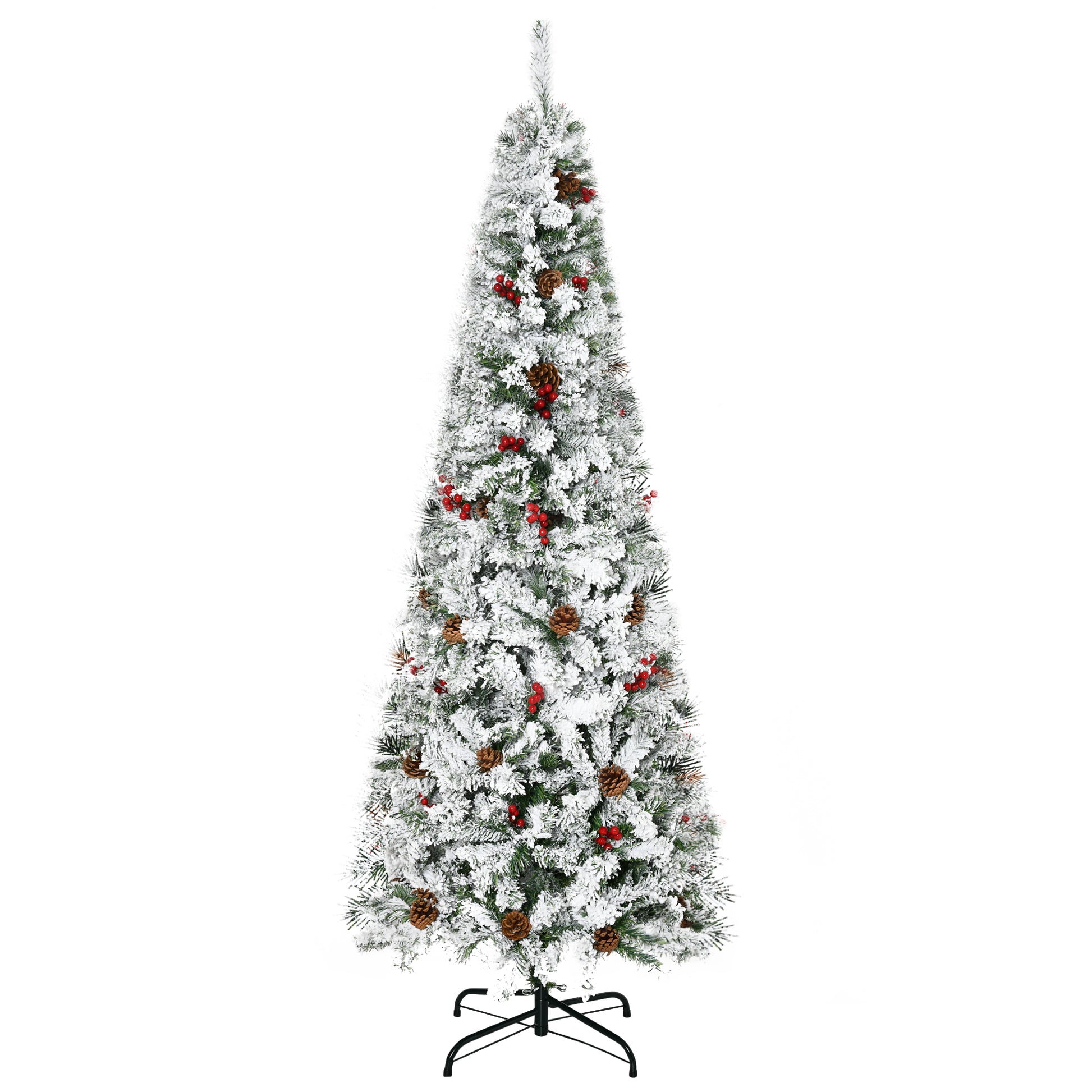 Homcom 6' Pencil Snow Flocked Artificial Christmas Tree With 600 Pine Realistic Branches, Pine Cones, Red Berries, Auto Open, Green Green Plastic