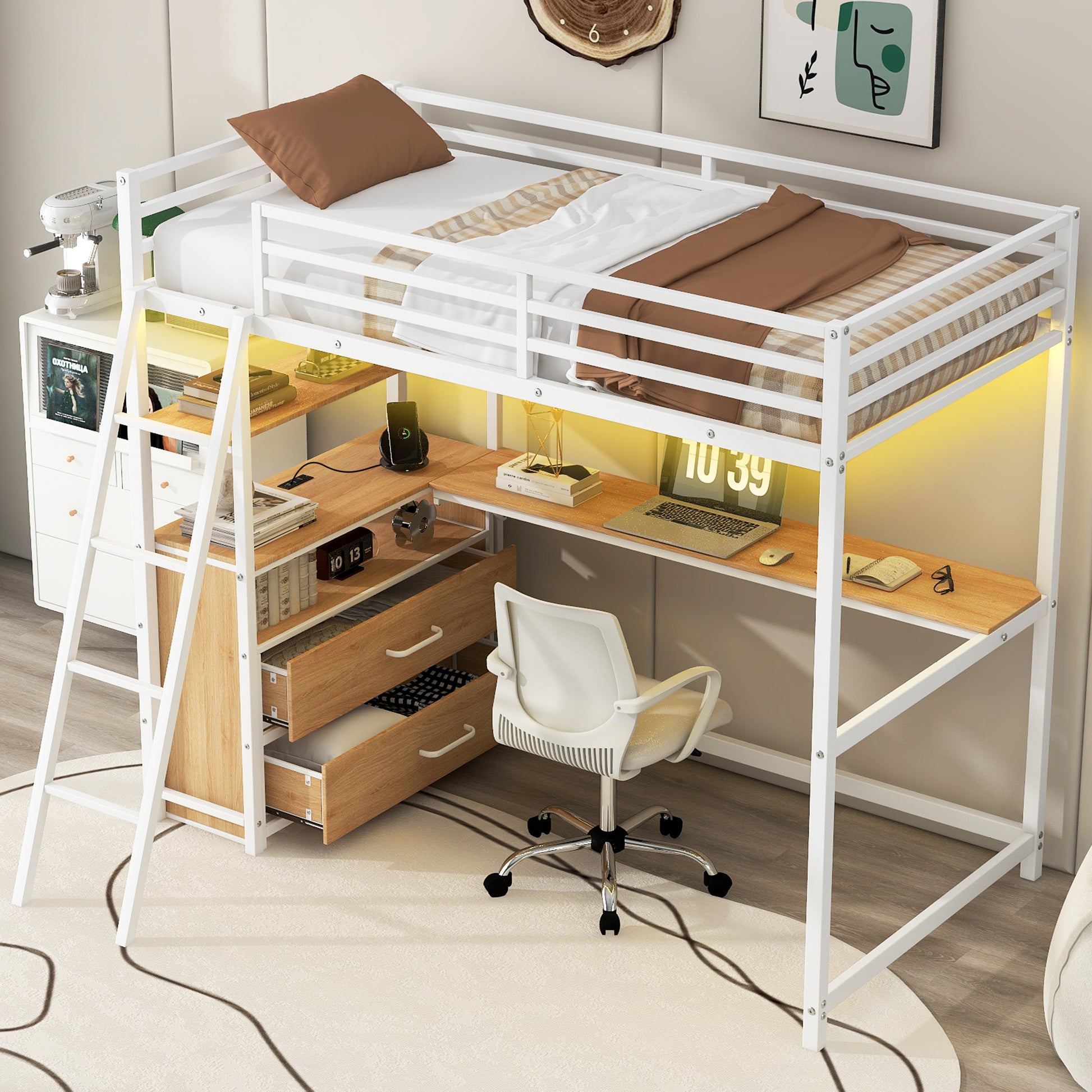 Twin Size Metal&Wood Loft Bed With Desk And Shelves, Two Built In Drawers, Led Light And Usb Charging Station, White Twin Oak Natural Wood Antique White Metal & Wood