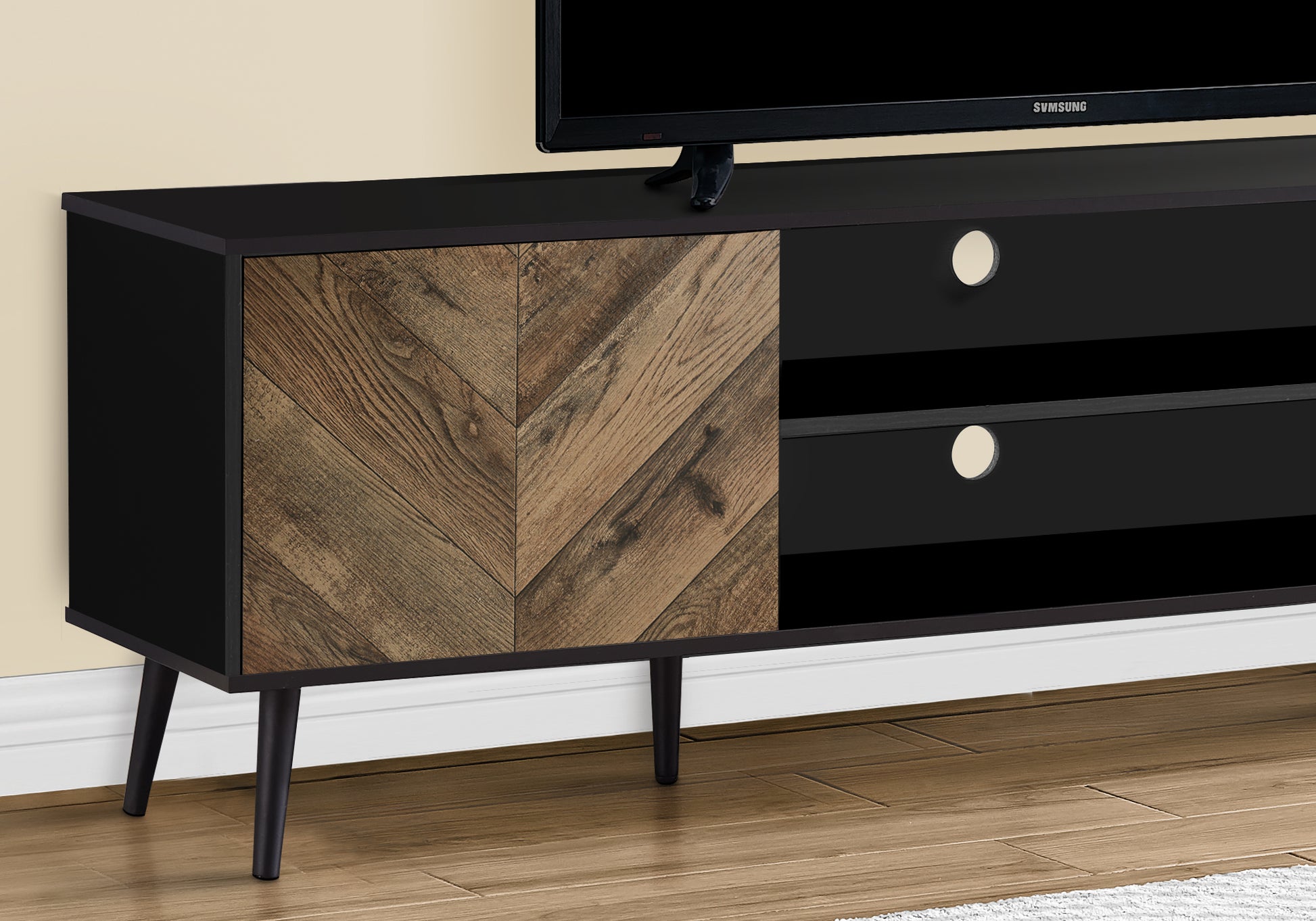 Tv Stand, 72 Inch, Console, Media Entertainment Center, Storage Cabinet, Living Room, Bedroom, Brown And Black Laminate, Black Wood Legs, Contemporary, Modern Black 80 89 Inches Particle Board