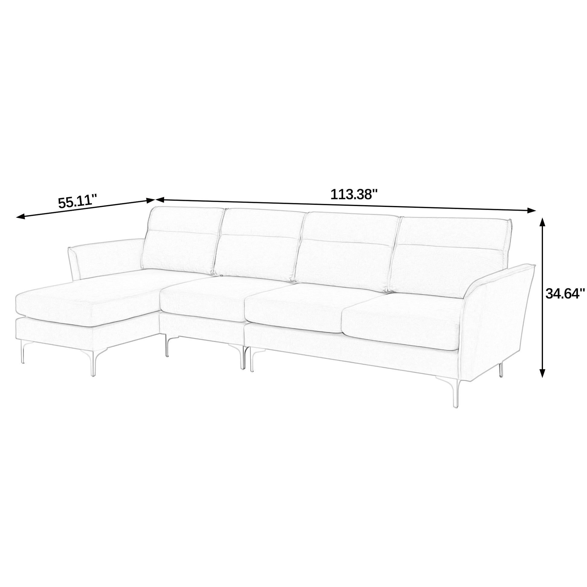 Modern Sofa 3 Seat Couch With Stainless Steel Trim And Metal Legs For Living Room,Black Black Foam 3 Seat