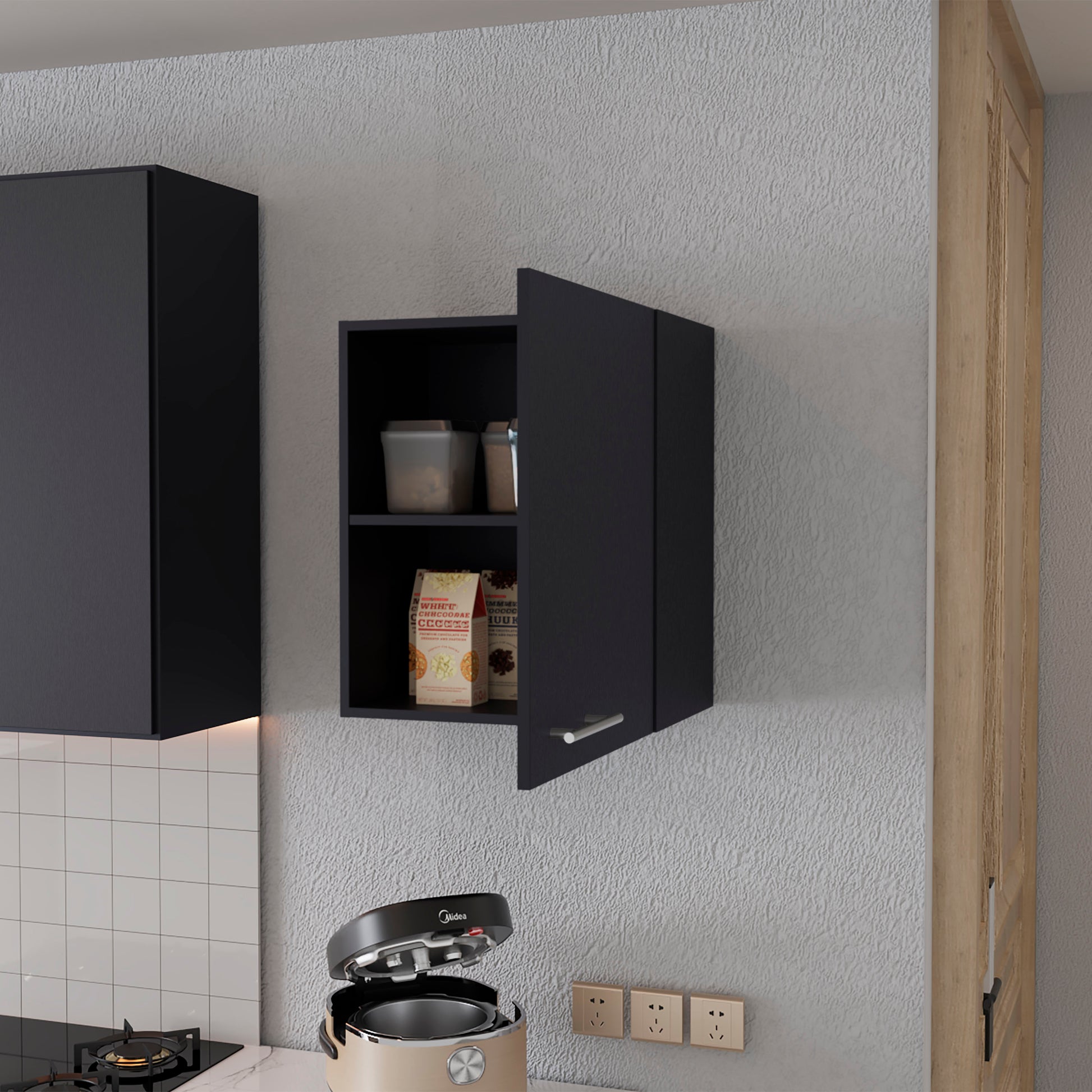 So Hi Wall Cabinet In Melamine With One Door, Black Black Contemporary,Minimalist,Modern Particle Board Melamine