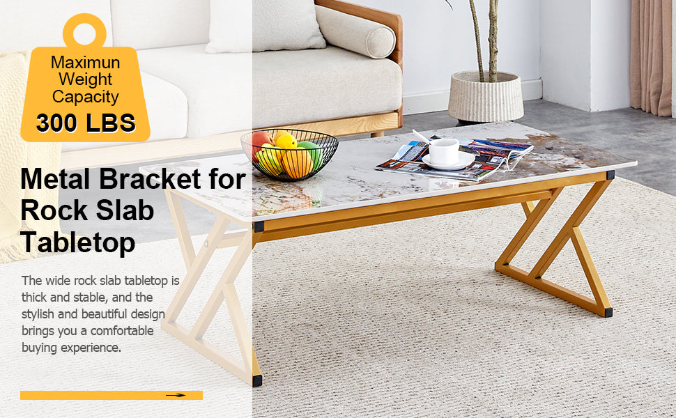 A Modern Minimalist Style Marble Patterned Coffee Table With Golden Metal Legs. Computer Desk. Game Table. Tea Table. Ct Xx Gold Sintered Stone