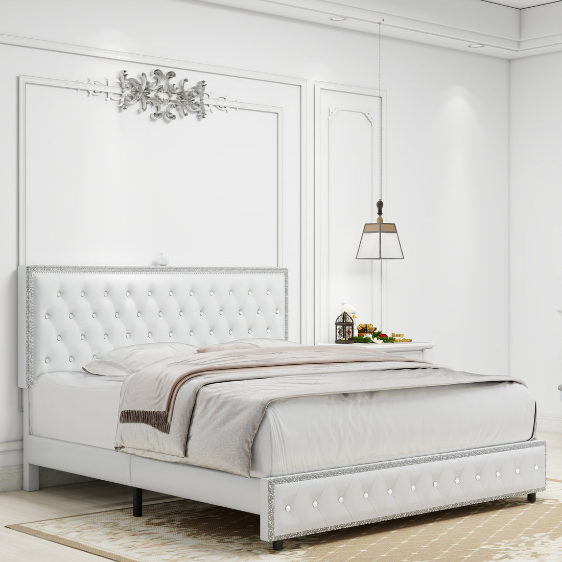 Queen Size Bed Frame With Star Projector Galaxy Light, Adjustable Upholstered Headboard With Diamond Button, Usb Charger, Music Speaker, Pu Leather White Pu Mdf Metal