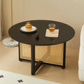 Mid Century Wooden Coffee Table With Pe Cane Stand, 31.5 Inch Round Solid Wood Bohemian Style Coffee Table, Unique Central Cocktail Table For Living Rooms, Apartments And Offices Black Rubber Wood