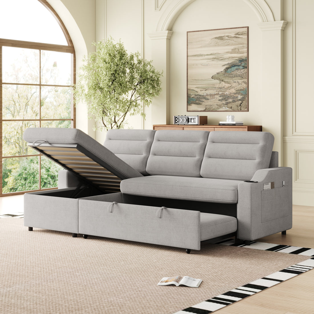 Mh83.5" Convertible Sleeper Combo Sofa, Convertible Sofa Bed Polyester Pullout Bed With Storage Recliner And Cup Holder For Living Room, Tight Spaces Light Grey Polyester Primary Living Space Pine Foam Fabric 3 Seat