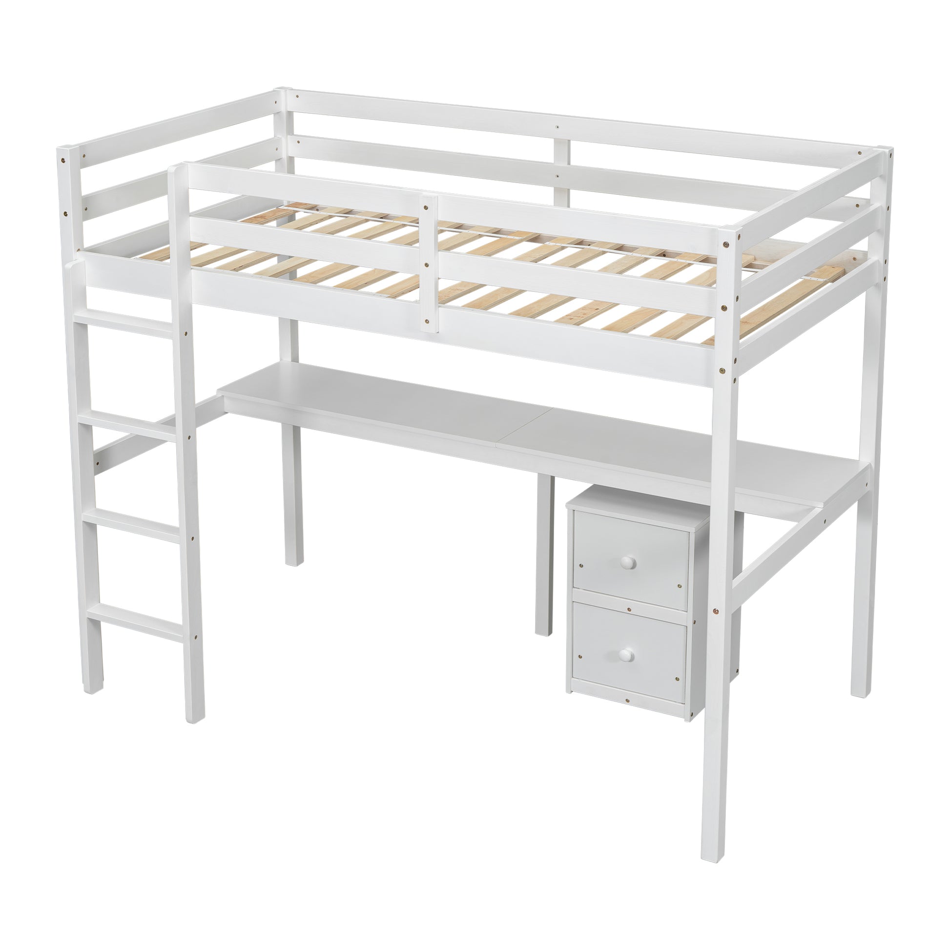 Twin Loft Wood Bed With Under Bed, Built In Desk, A Storage Cabinet Of 2 Drawers, Guardrails, Ladder,White Twin White Pine