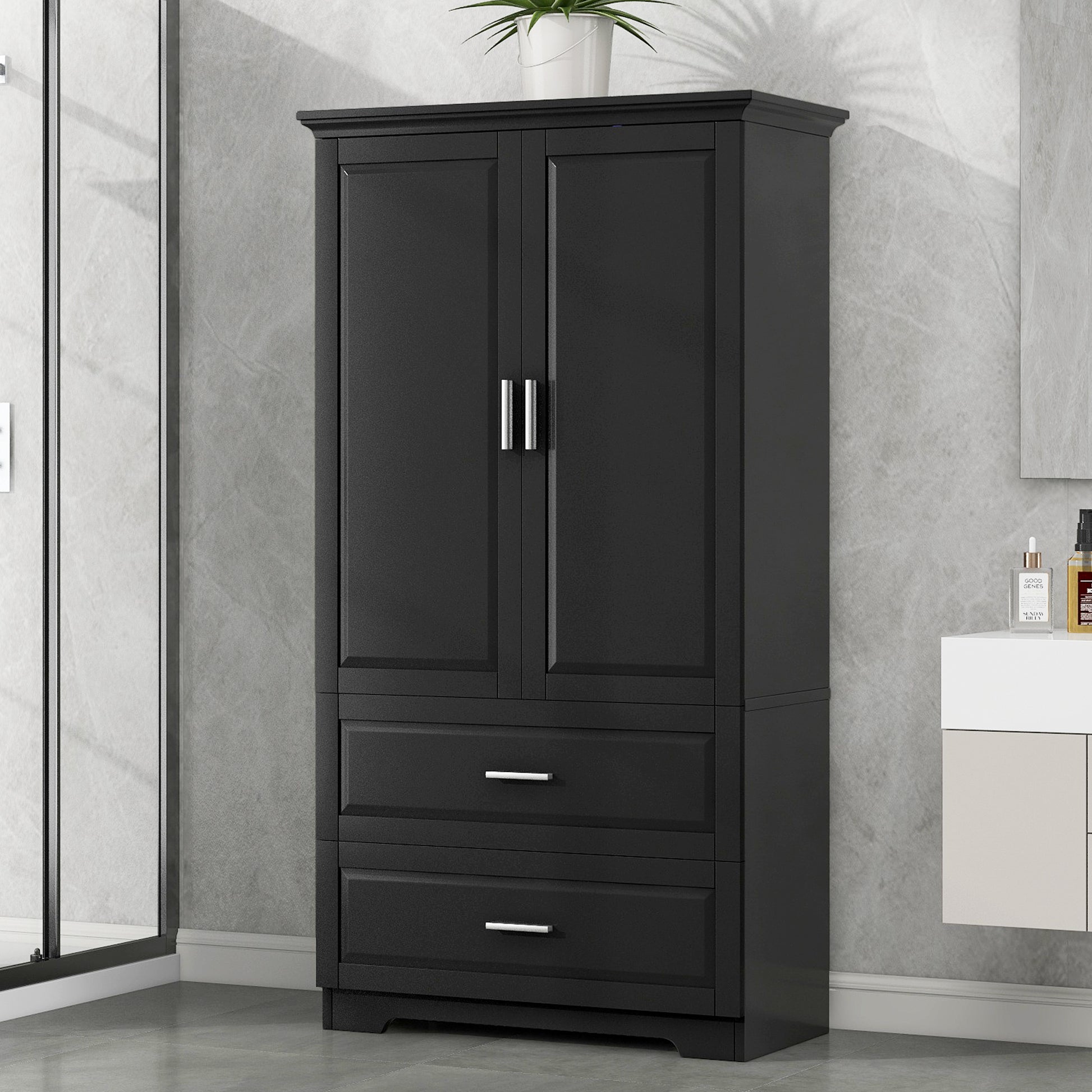 Tall Bathroom Storage Cabinet, Cabinet With Two Doors And Drawers, Adjustable Shelf, Mdf Board, Black Black Mdf