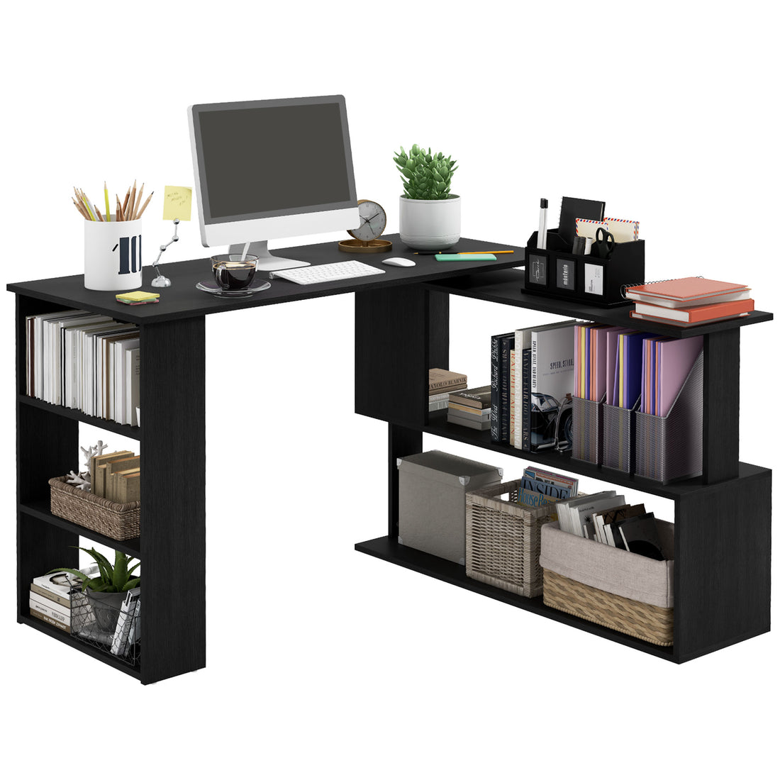 Homcom L Shaped Corner Desk, 360 Degree Rotating Home Office Desk With Storage Shelves, Writing Table Workstation, Black Black Particle Board