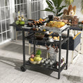 Outsunny Outdoor Bar Cart With Stainless Steel Tabletop, Kitchen Island With Wheels, 2 Tiers & Seasoning Shelf, Patio Serving Cart With Hooks, Towel & Garbage Bag Holder, Plates & Spice Jars, Black Black Steel