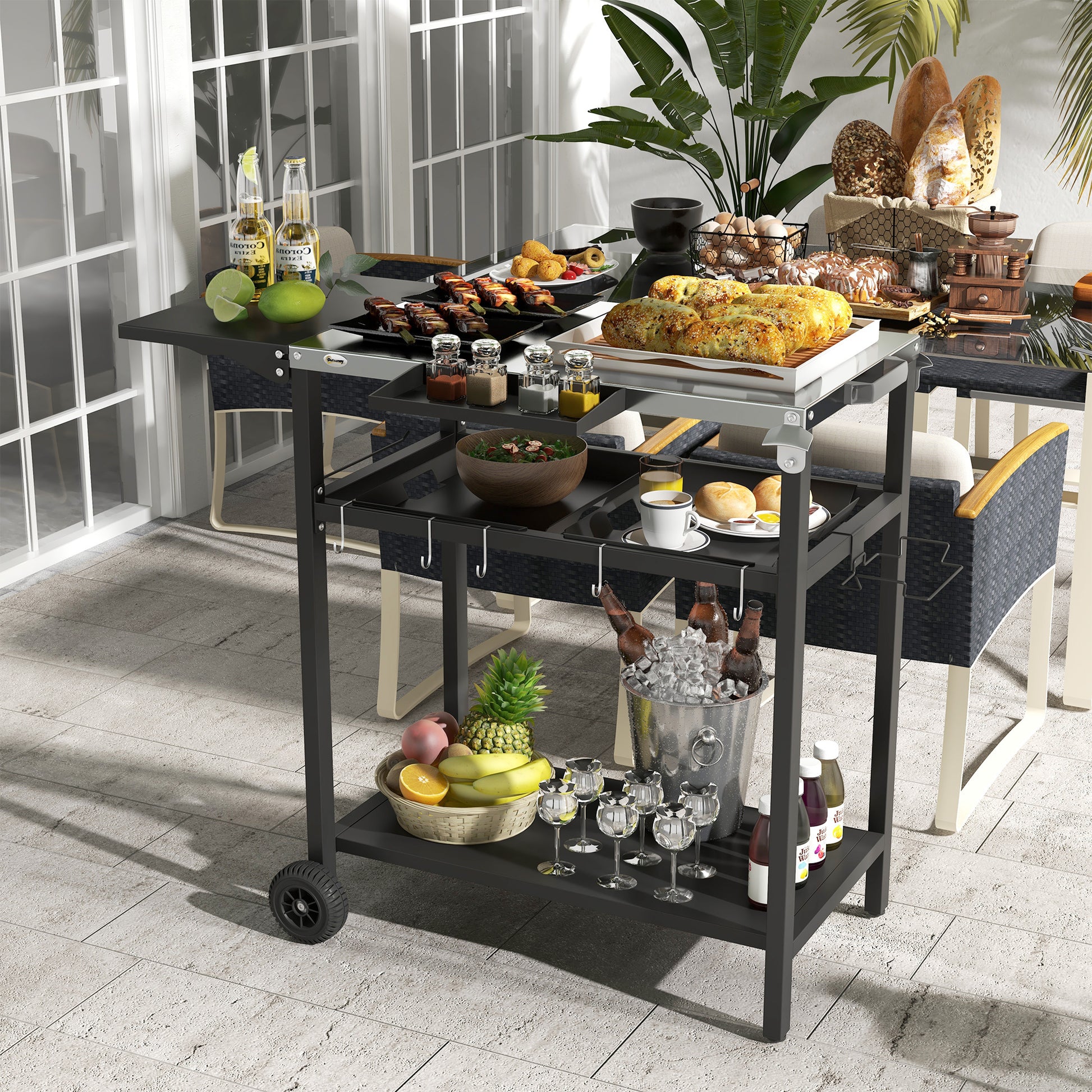 Outsunny Outdoor Bar Cart With Stainless Steel Tabletop, Kitchen Island With Wheels, 2 Tiers & Seasoning Shelf, Patio Serving Cart With Hooks, Towel & Garbage Bag Holder, Plates & Spice Jars, Black Black Steel