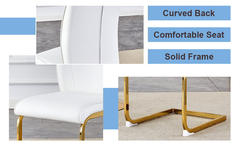 Luxury Simple Arch Chair Set Of 4 White Pu Material High Resilience Dining Chair With Arched Metal Gold Leg. White Gold Metal,Pu