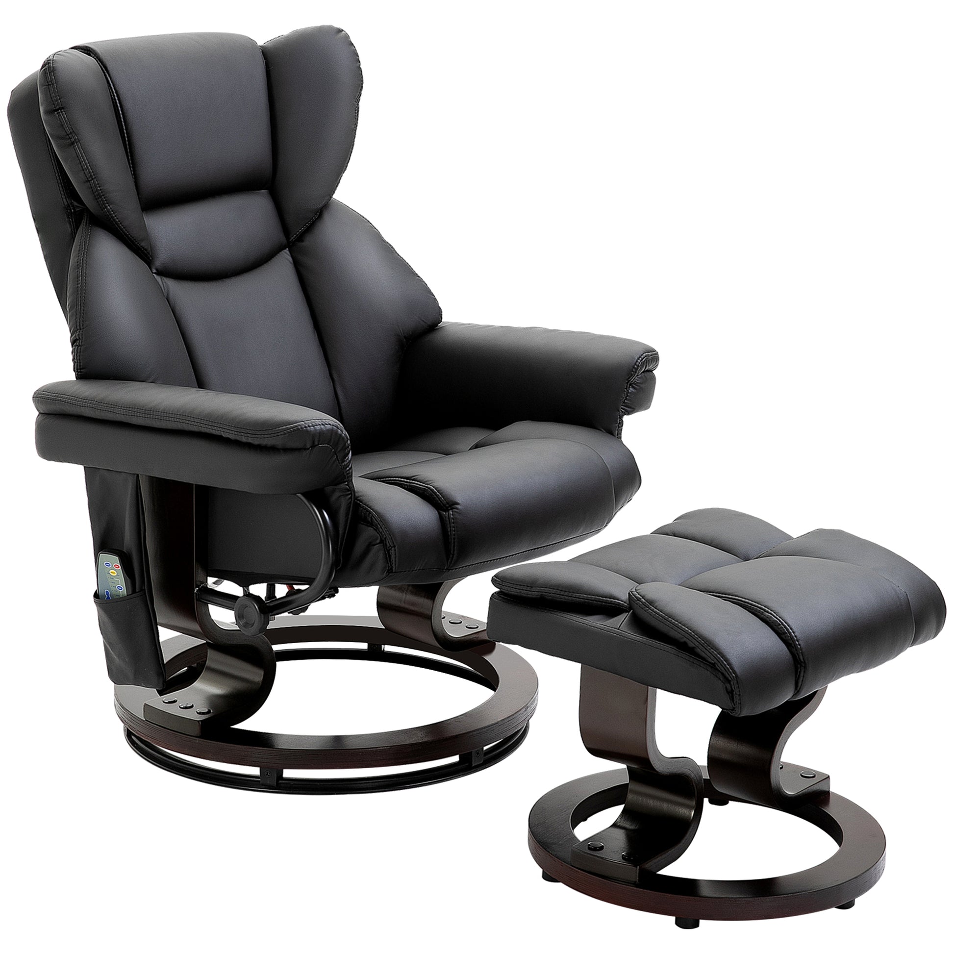 Homcom Massage Recliner Chair With Ottoman Footrest, 10 Vibration Points, 360 Swivel Reclining Chair, Faux Leather Living Room Chair With Side Pocket And Remote Control, Black Black Wood Metal