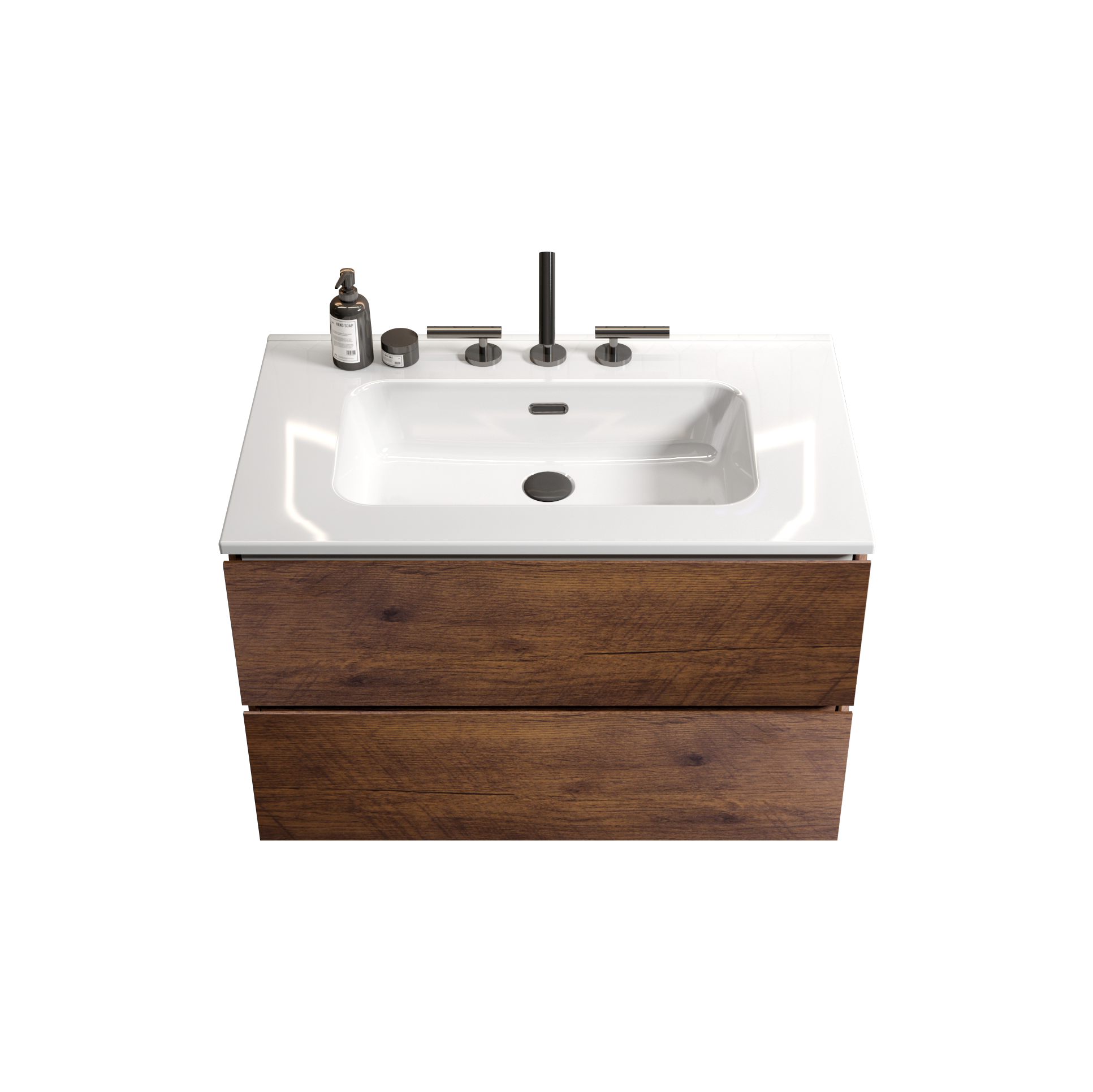 Wall Mount 30" Walnut Bathroom Vanity With Ceramic Sink With Three Faucet Holes, Large Storage Floating Bathroom Vanity For Modern Bathroom, One Piece Sink Basin Without Drain, Pre Assembled Walnut Bathroom Modern Ceramic Mdf