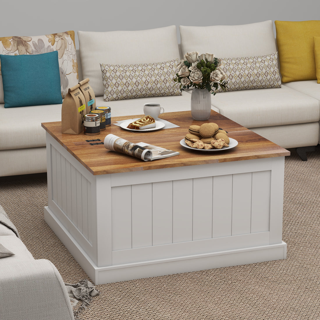 31.5" Farmhouse Coffee Table, Square Wood Center Table With Hinged Lift Top, Rustic Cocktail Table With Large Hidden Storage Compartmen For Living Room White White Mdf