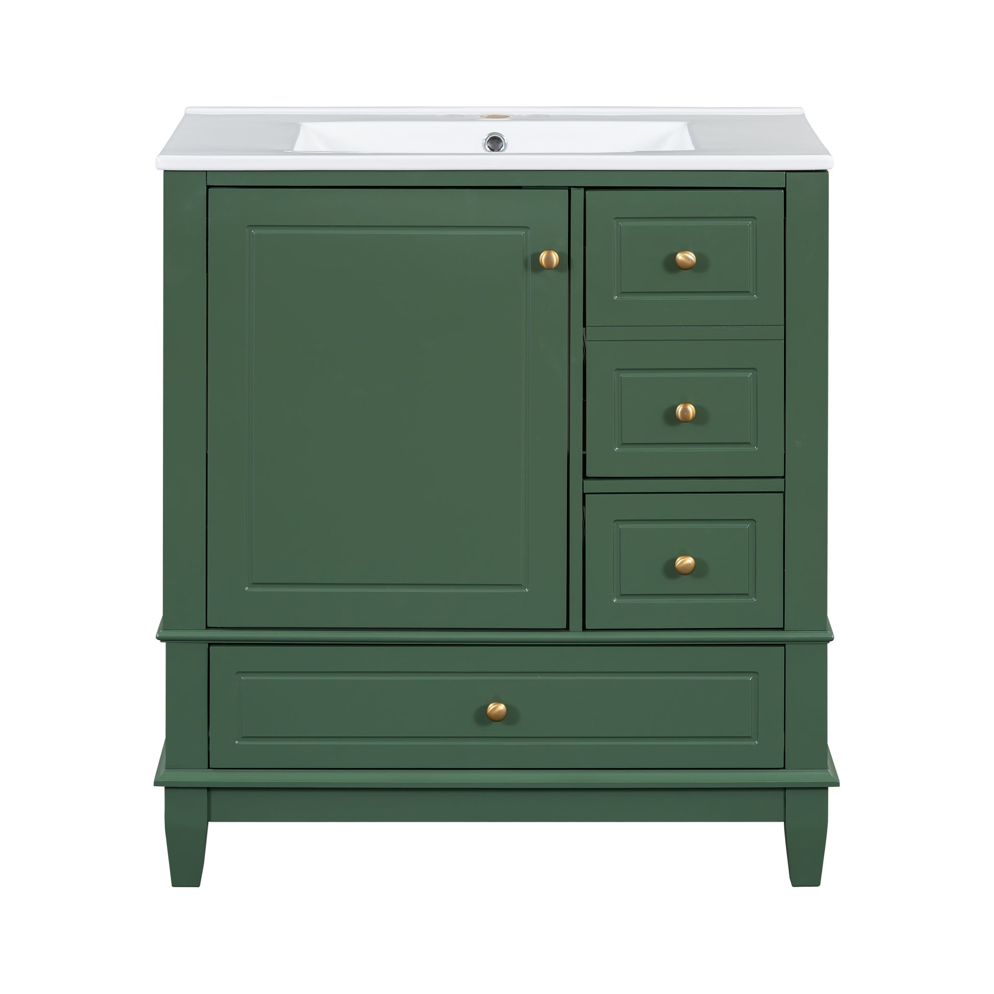 30" Bathroom Vanity With Sink, One Door With Shelf And Three Drawers, Soft Close Door, Green Green Ceramic Mdf,Rubber Wood