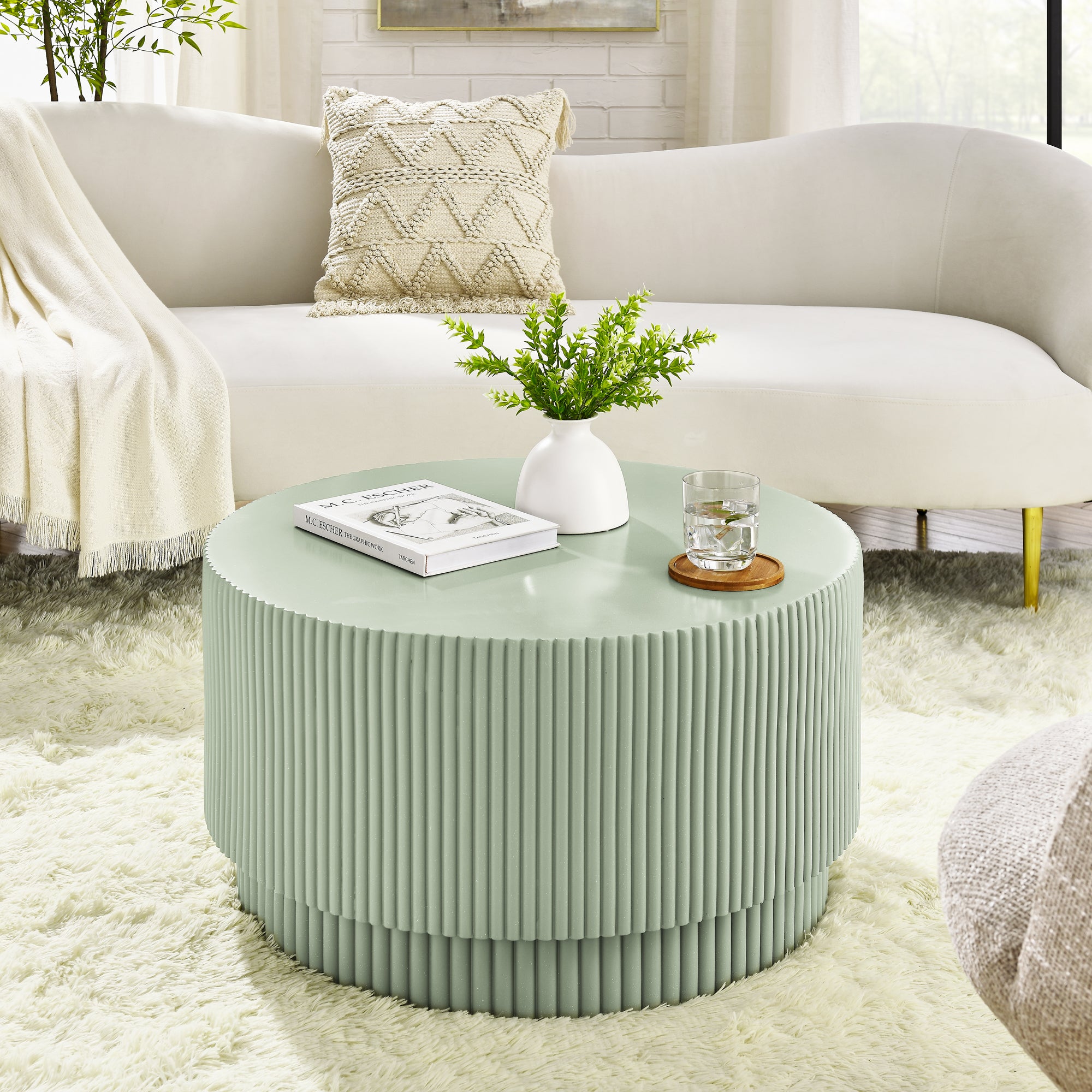 15.72 Inch H Barrel Coffee Table, Nordic Style, Simple Design, Suitable For Indoor And Outdoor Use, Magnesium Oxide Material, Suitable For Living Room, Bedroom Or Garden Sofa Light Green Magnesium