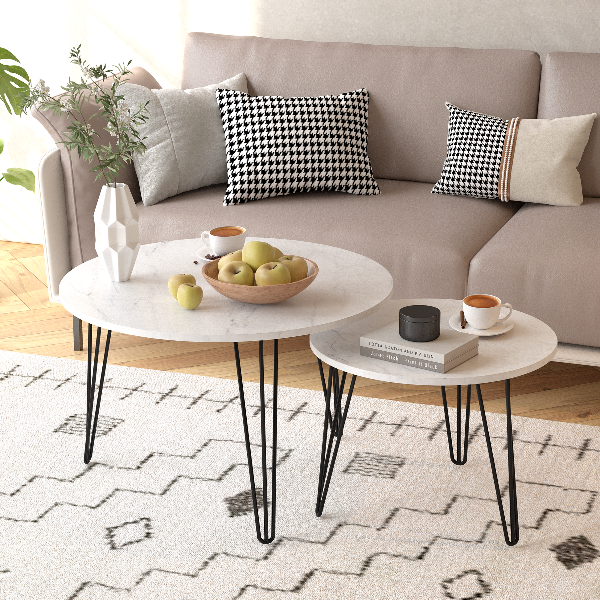27.56'' Round Nesting Coffee Table Set Of 2, Circular Nesting End Table Set, Round Marble Tabletop, And Sturdy Metal Base For Living Room, Bedroom, White White Round Wood Metal