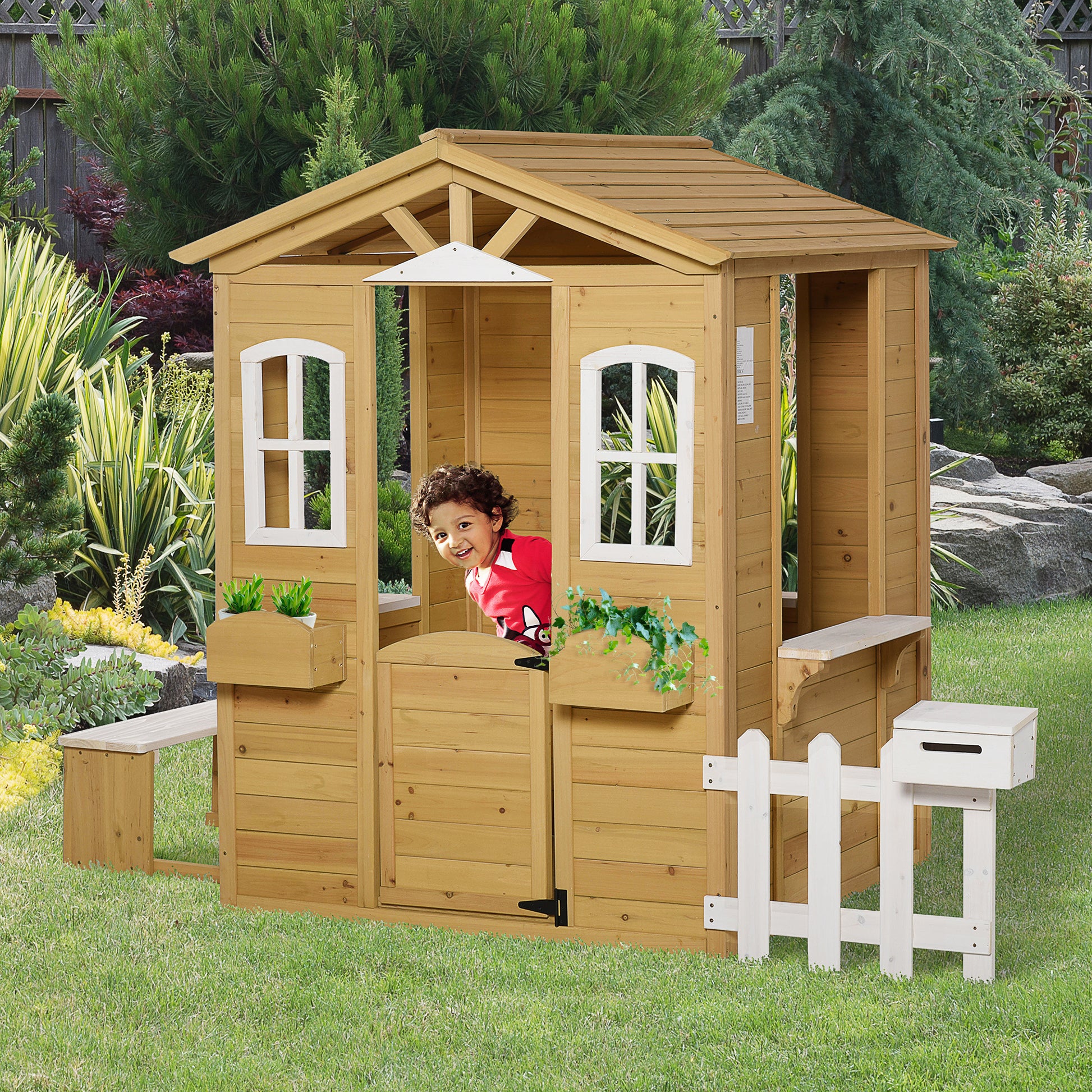 Outsunny Outdoor Playhouse For Kids Wooden Cottage With Working Doors Windows & Mailbox, Pretend Play House For Age 3 6 Years Natural White Wood