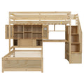 Twin Over Twin Loft Bed With Built In Desk And Staircase, With Storage Compartments And Shelves, Natural Twin Box Spring Not Required Natural Wood Pine